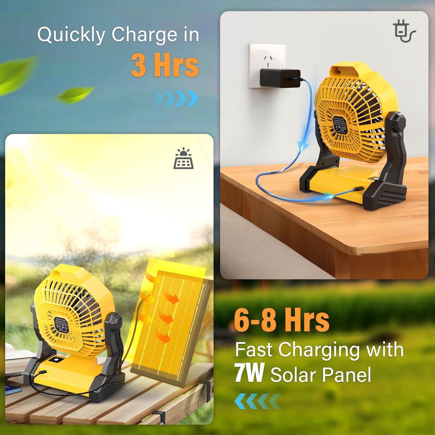 JINLICTE Solar Fan with LED Lantern, Camping Fan with 7W Solar Panel, Rechargeable Solar Powered for Outside, Quiet Battery Operated Tent for Picnic