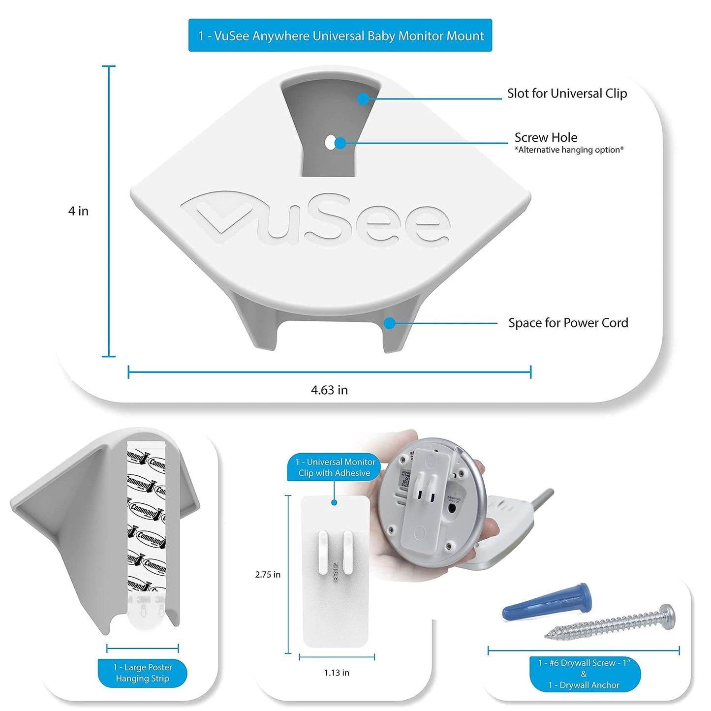 Vusee Anywhere Baby Monitor Wall Mount - No-Drill Adhesive Shelf for Cameras - Compatible with Most Baby Monitor Brands - White, 1 Pack