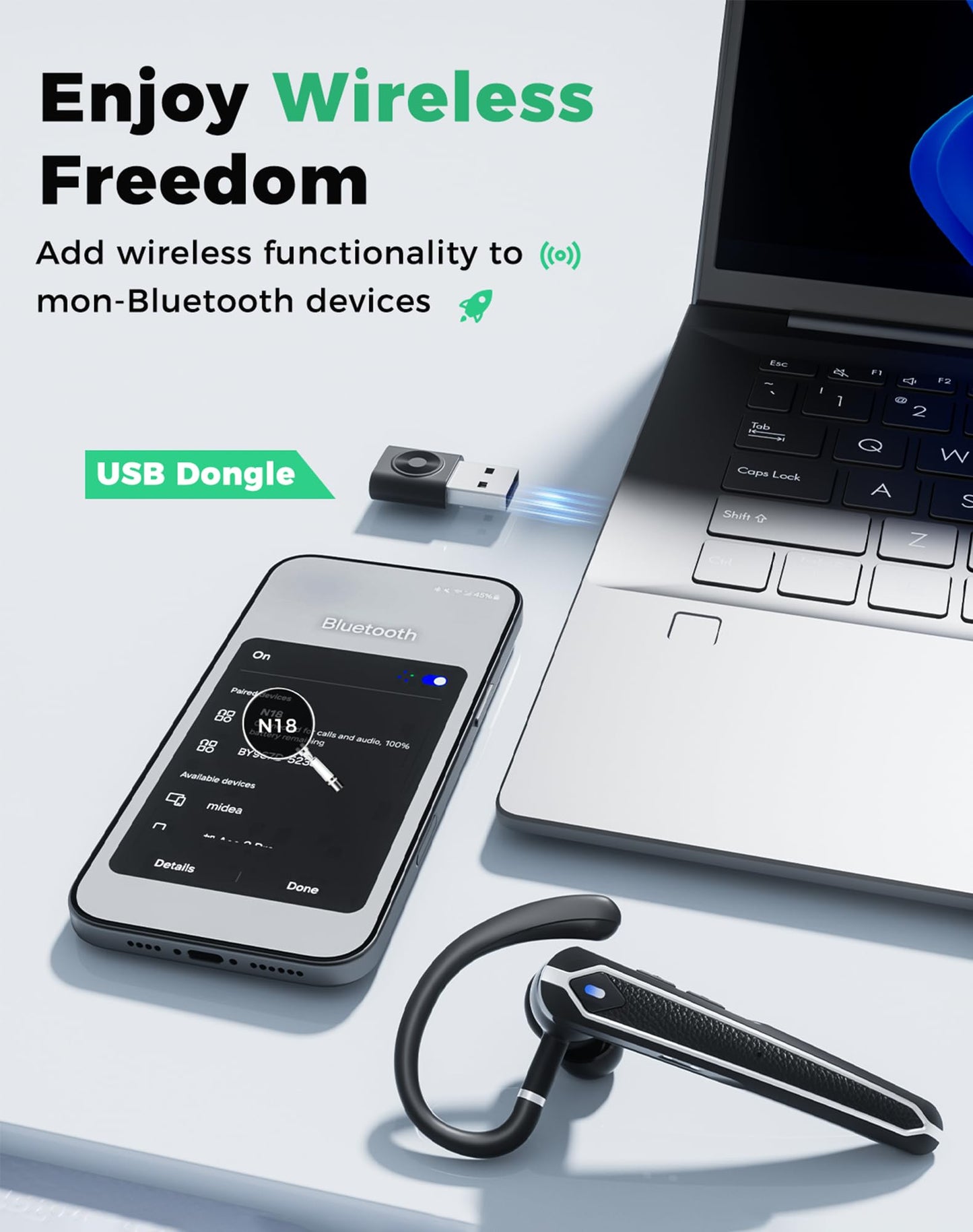 Bluetooth Headset, Wireless Bluetooth Earpiece with USB Dongle and Charging Case 100 Hours Talking Time Built-in Microphone for iOS Android Cell