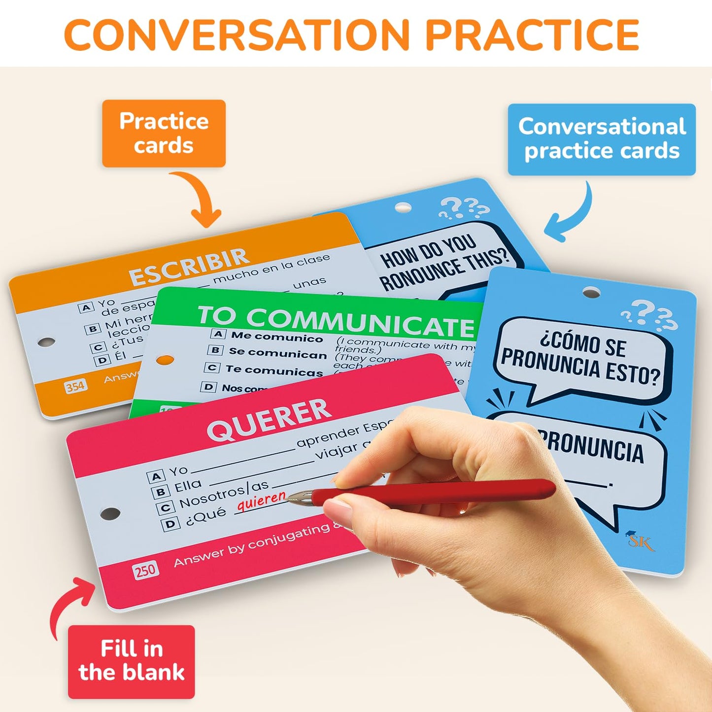 500+ Spanish Vocabulary Flash Cards – Verb Conjugation, Nouns, Adjectives & Phrases for Adults & Teens Ages 15+, Beginner Spanish Learning