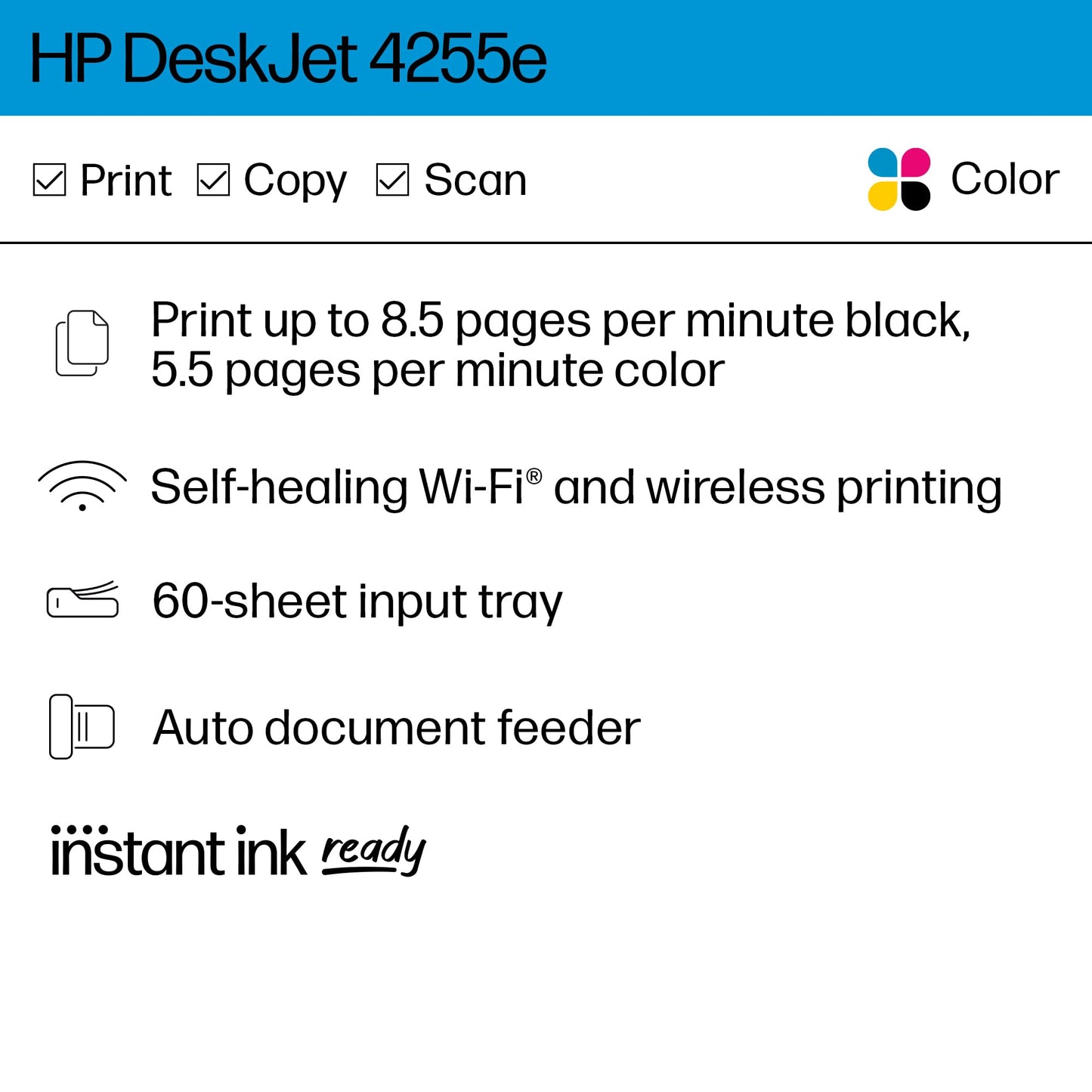 HP DeskJet 4255e Wireless All-in-One Color Inkjet Printer, Scanner, Copier, Best-for-Home, 3 Month Instant Ink Trial Included (588S6A) (Renewed)