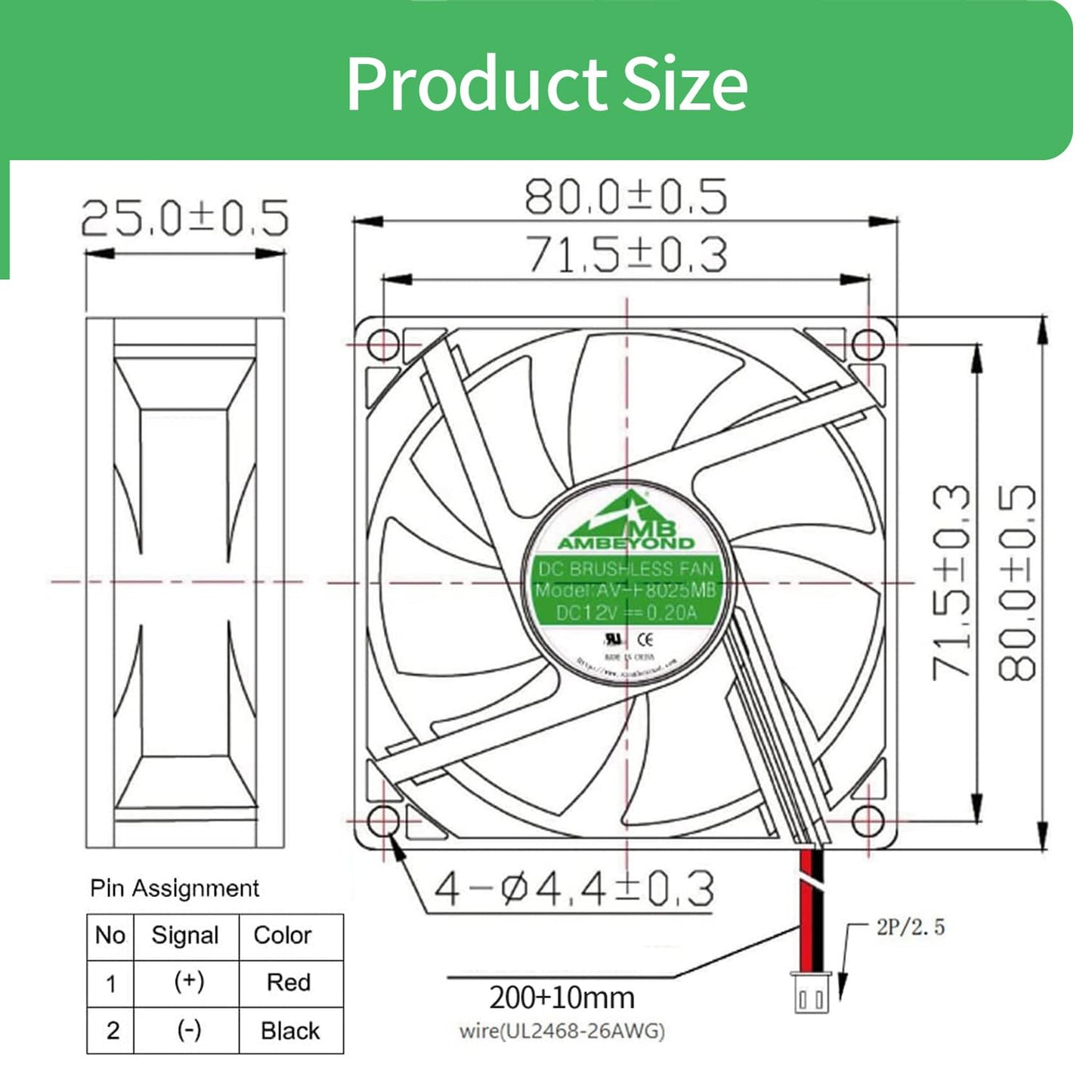 Security-01 80mm by 80mm by 25mm 8025 12V DC 0.20A Dual Ball Bearing Brushless Cooling Fan 2pin AV-F8025MB UL CE