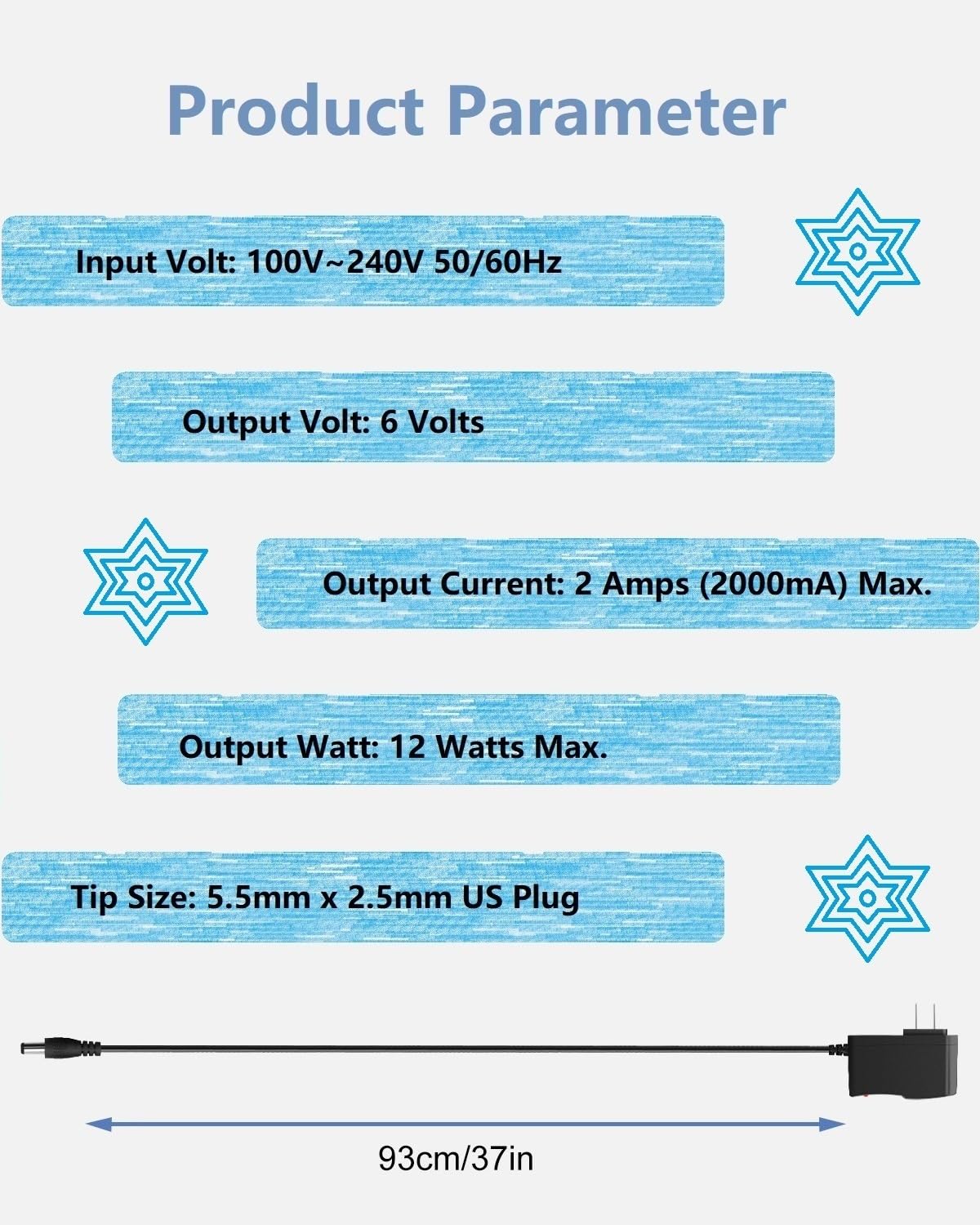 6V DC Power Supply 2A Universal AC Adapter, 100-240V 50/60Hz 6 Volts 2 Amp Transformer, DC 6V Power Cord, 5.5mm x 2.5mm Plug