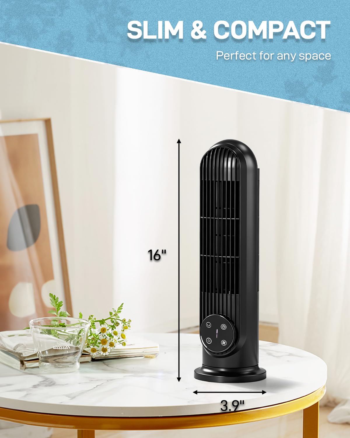 Pinikuyiro Mini Tower Fan, 16" Bladeless Floor/Wall-Mounted Fan with Remote Control, LED Display, 90°Oscillation, 3 Speeds & 9H Timer, Ultra-Quiet