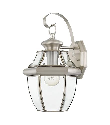 Livex Lighting 2151-91 Monterey 1 Light Outdoor Brushed Nickel Finish Solid Brass Wall Lantern with Clear Beveled Glass 13" x 8.5" x 8.25"
