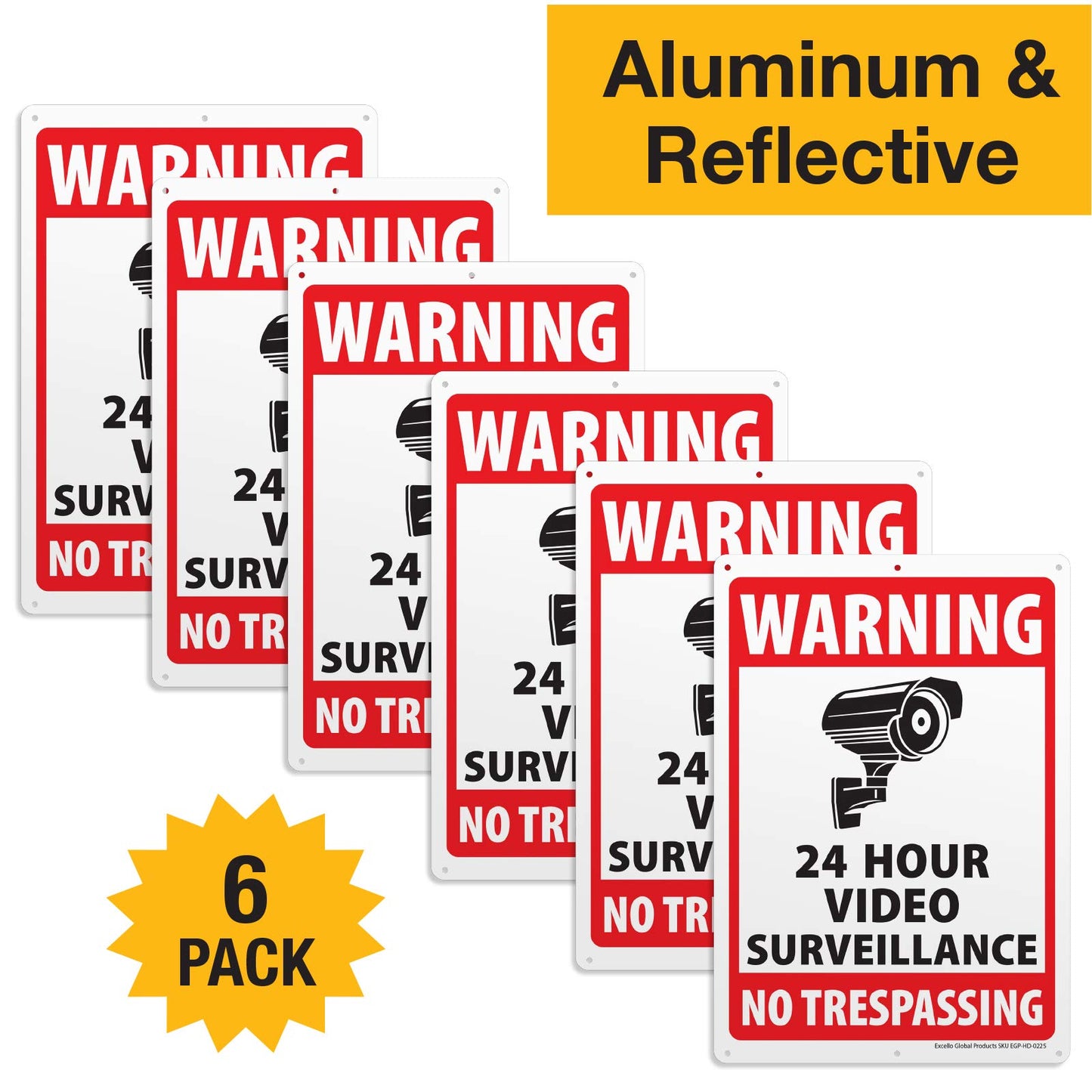 6-Pack Video Surveillance Sign, Rust Free Aluminum Reflective Metal Signs, Indoor or Outdoor No Trespassing Security Warning, Use for Home Business