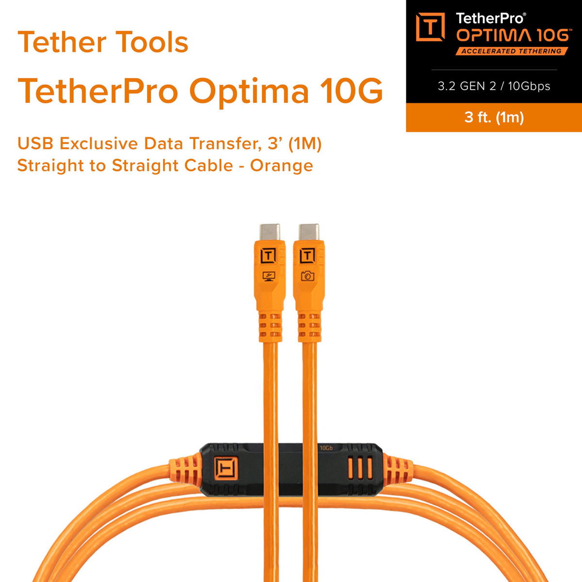 Tether Tools TetherPro Optima 10G USB-C Exclusive Data Transfer, 3’ (1m) Straight to Straight Cable - Orange