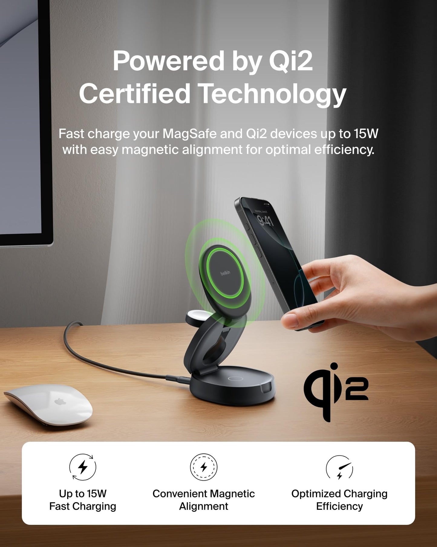 Belkin MagSafe Charger Compatible, 3-in-1 Qi2 15W Wireless Charging Station, Convertible Wireless Charger for iPhone 17, Apple Watch, AirPods, Pixel