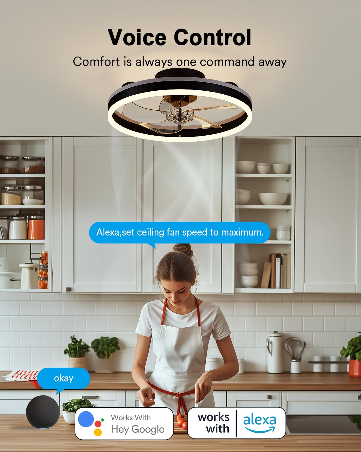 Lumary Smart WiFi Ceiling Fans with Lights, Low Profile Flush Mount Black