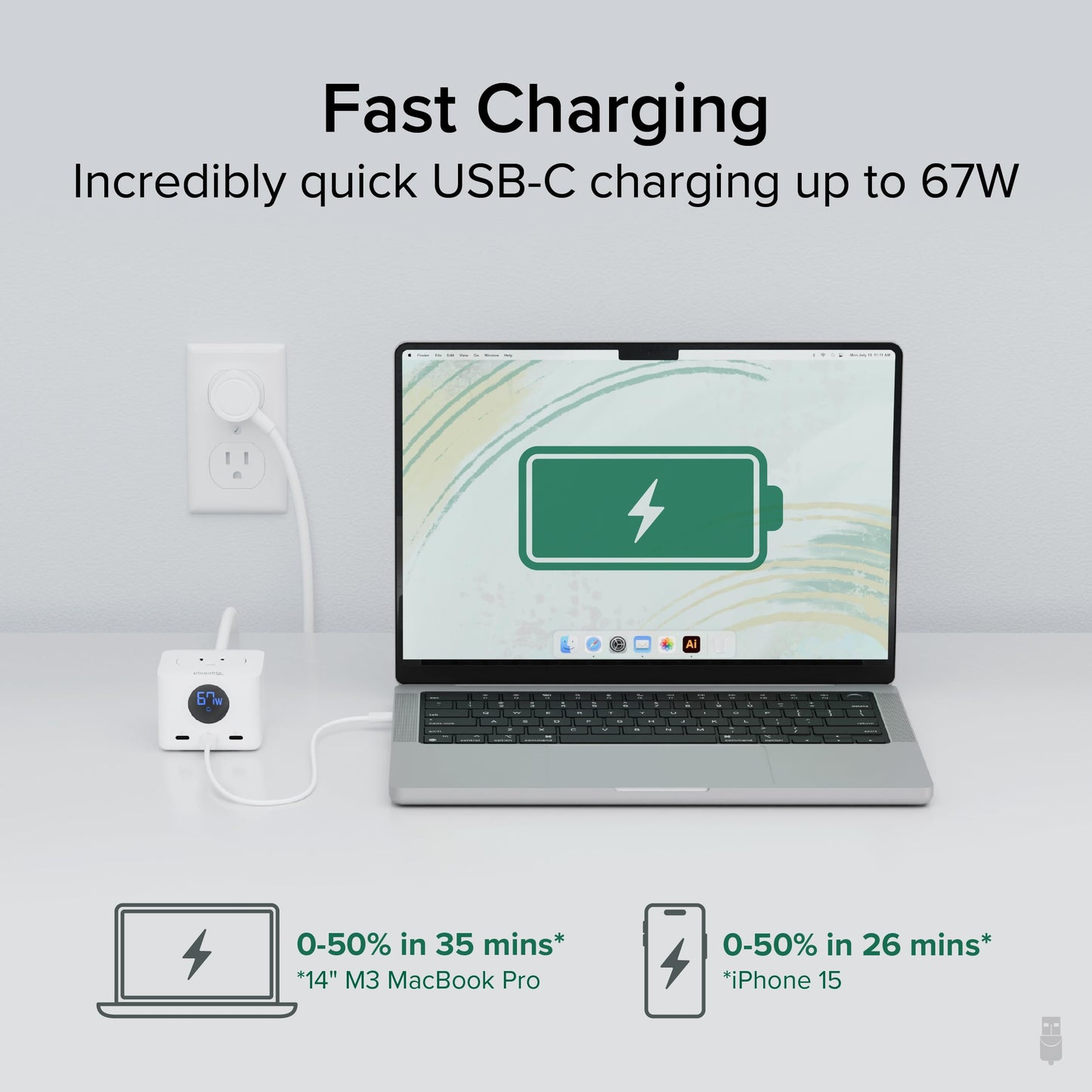Plugable 67W USB C Power Strip, Charging Station Extension Cord with Multiple Outlets, Flat Wall Plug and Watt Meter, 3X USB-C, 3X AC Power Outlets