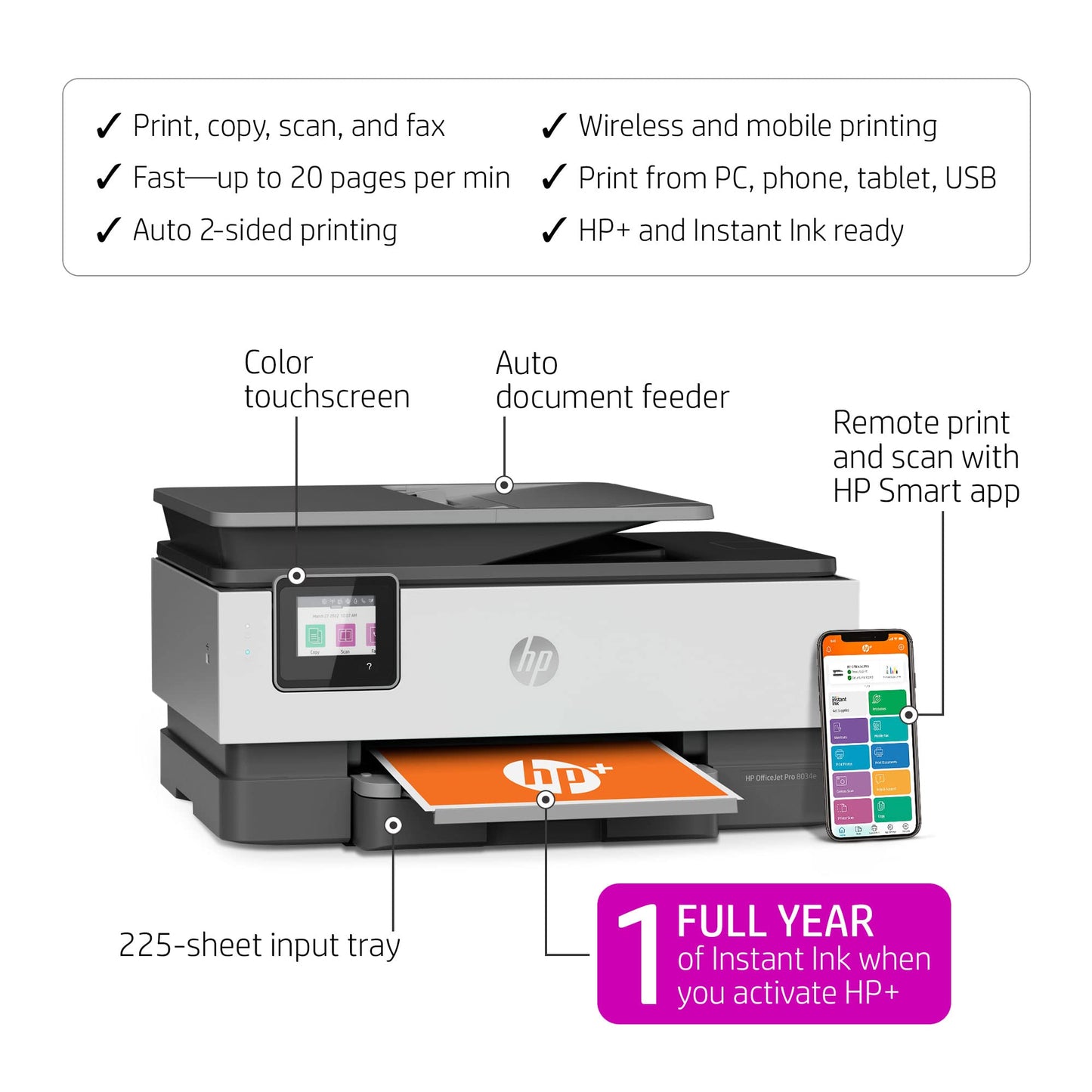 HP OfficeJet Pro 8034e Wireless Color All-in-One Printer with 1 Full Year Instant Ink,White (Renewed)
