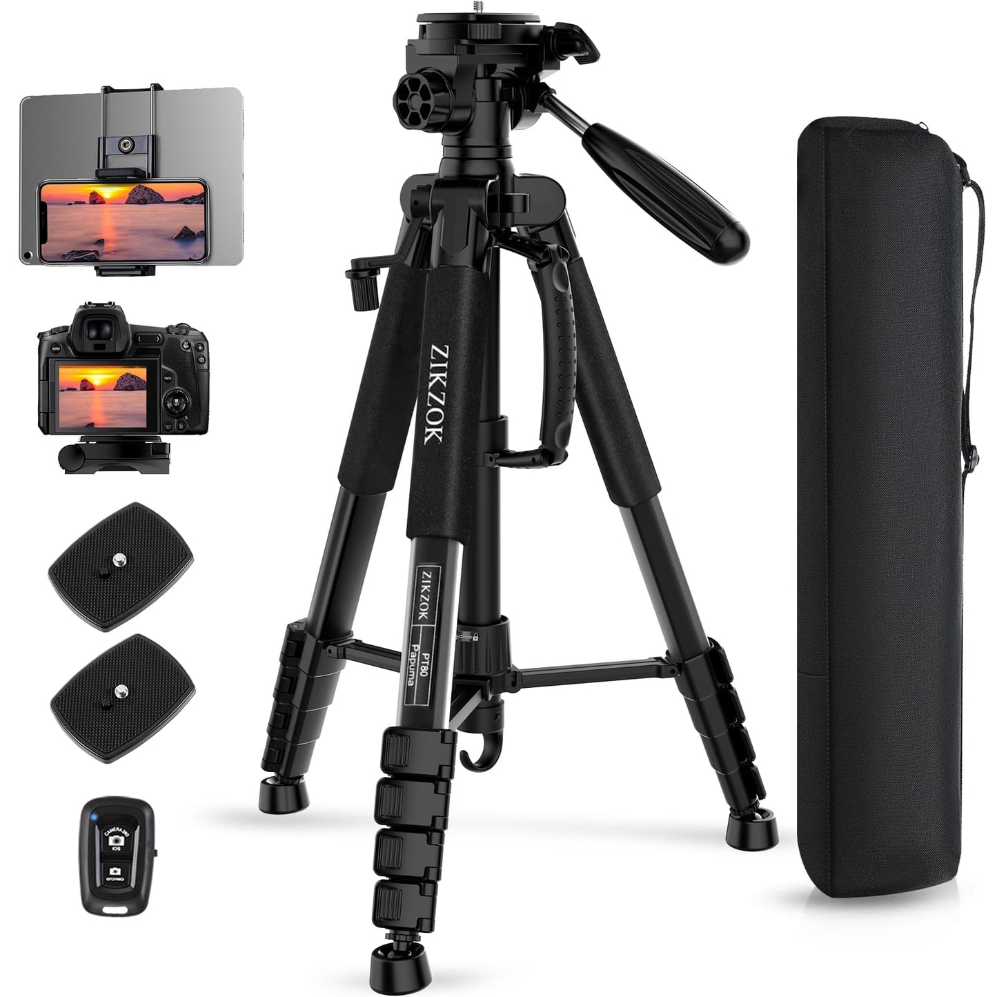 75" Camera Tripod, Aluminum Heavy Duty Camera Stand for ipad Phone, Travel Tripod with/Carry Bag/Phone Tablet Holder, Compatible with Canon Nikon Sony