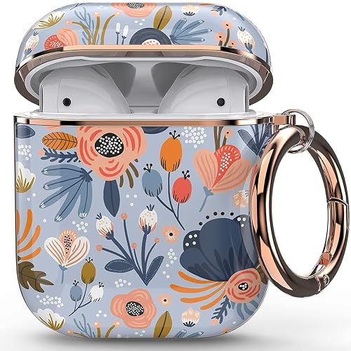 wenew for AirPod Case, Flower AirPods Hard Case Cover with Keychain for Women Men, AirPod 1st & 2nd Generation case (Blue)