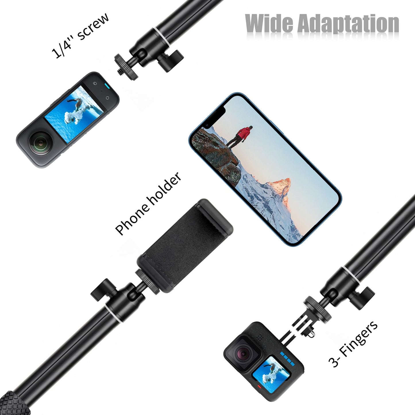 SOONSUN 37" Extension Selfie Stick Hand Grip Waterproof Monopod Pole with 360 Rotation Ball Head for GoPro Hero 13 12 11 10 9 8 7 6 5, Session