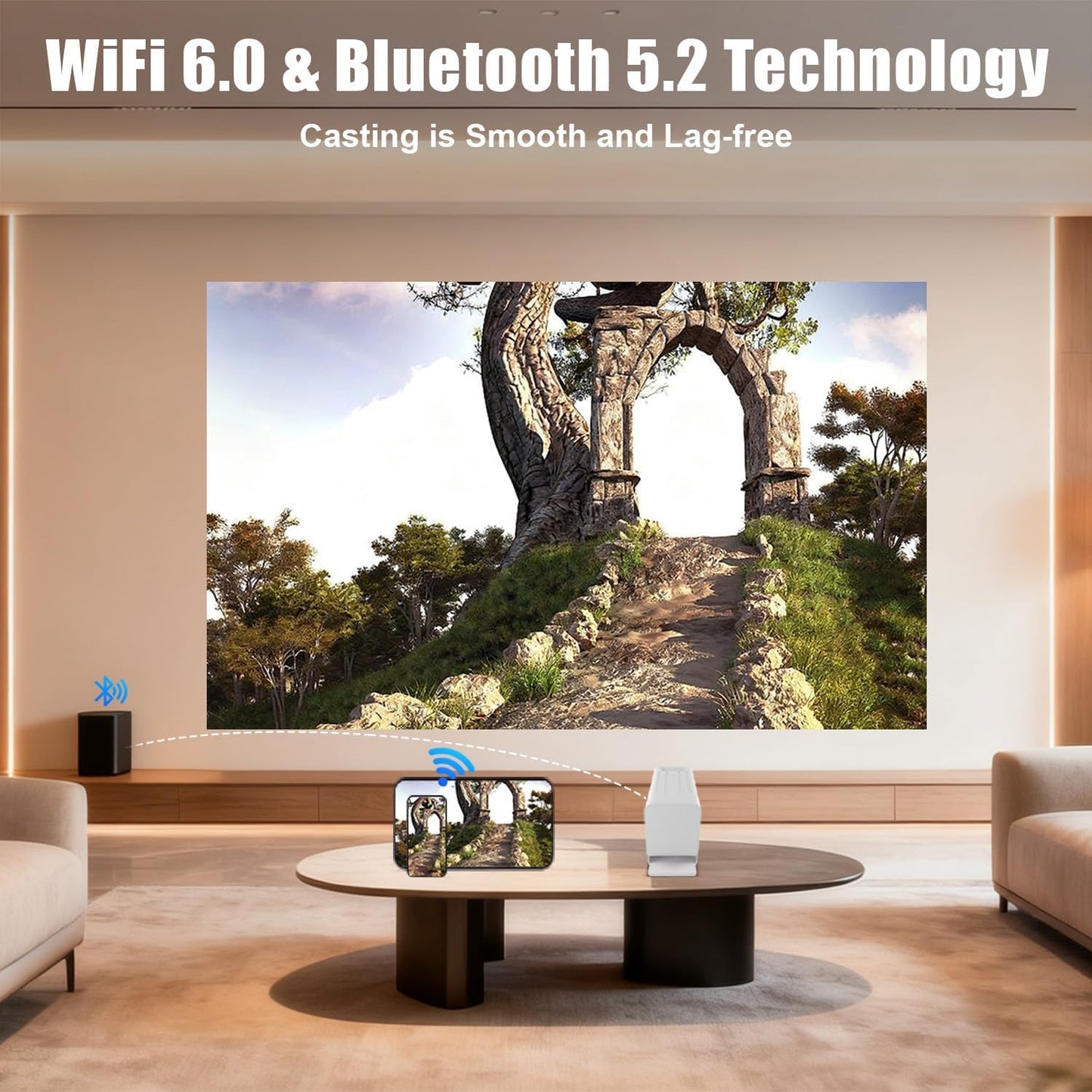 Mini Projector with WiFi and Bluetooth, 1080P Supported Smart Projector with Built in Apps, Outdoor Movie Projector 150" Display, Auto Keystone?Short