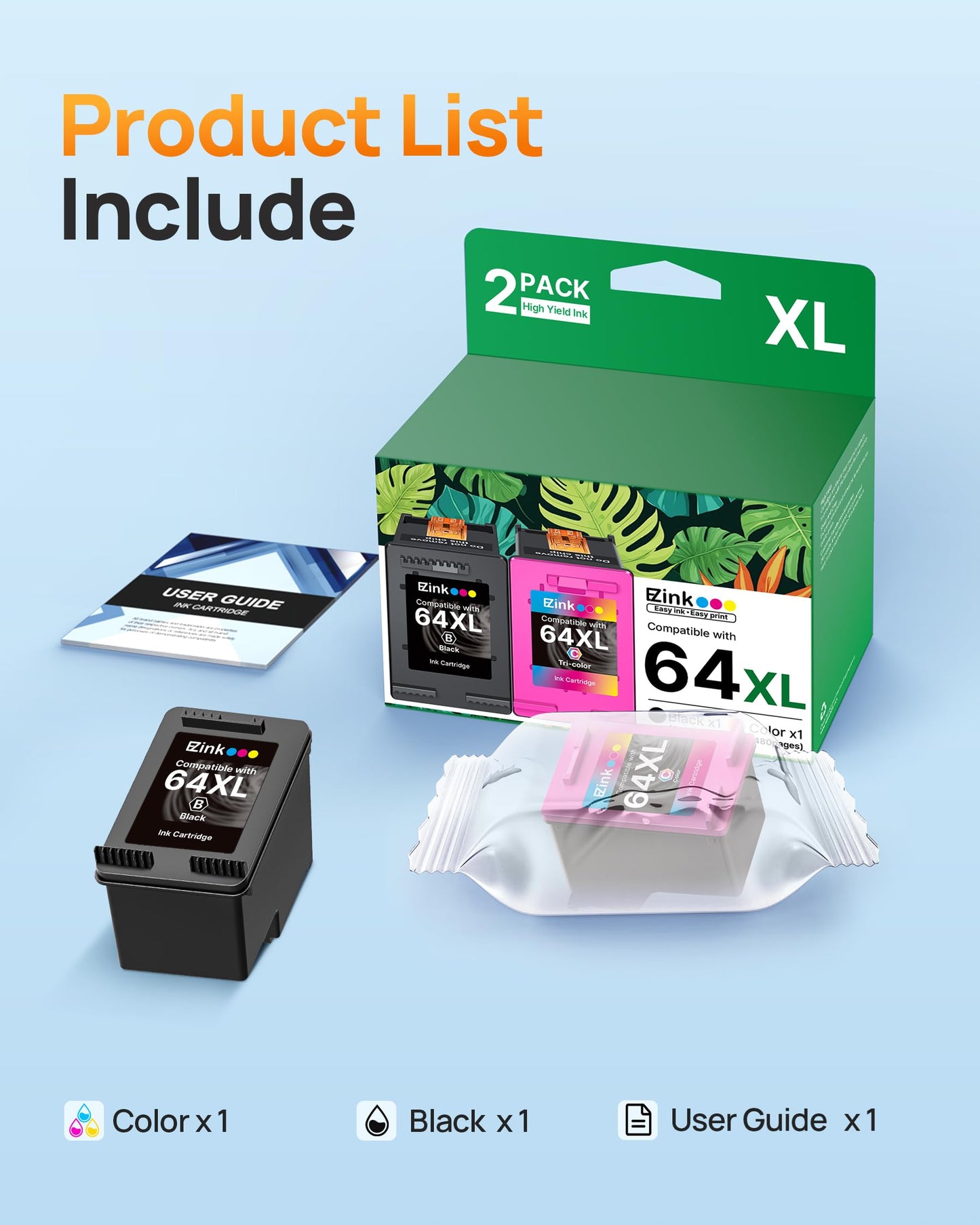 E-Z Ink 64XL Ink Cartridges Black and Color Combo Pack Remanufactured for HP Ink 64 64XL 64 XL Ink to use with HP Envy Photo 7855 7858 7155 7120 7158