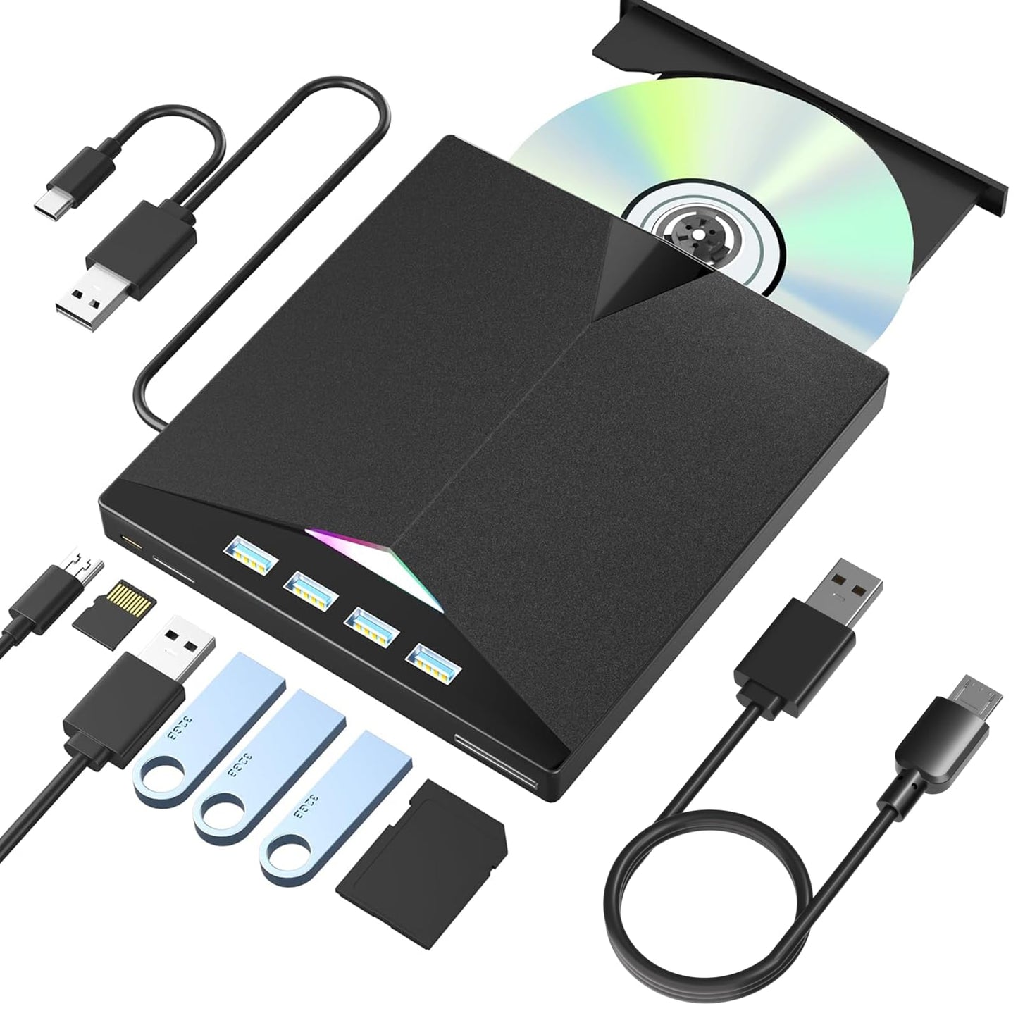 External CD/DVD Drive for Laptop, 7-in-1 External DVD Drive with 2 USB Ports, External DVD Burner with SD/TF Card Slots, CD/DVD Reader, USB 3.0 DVD