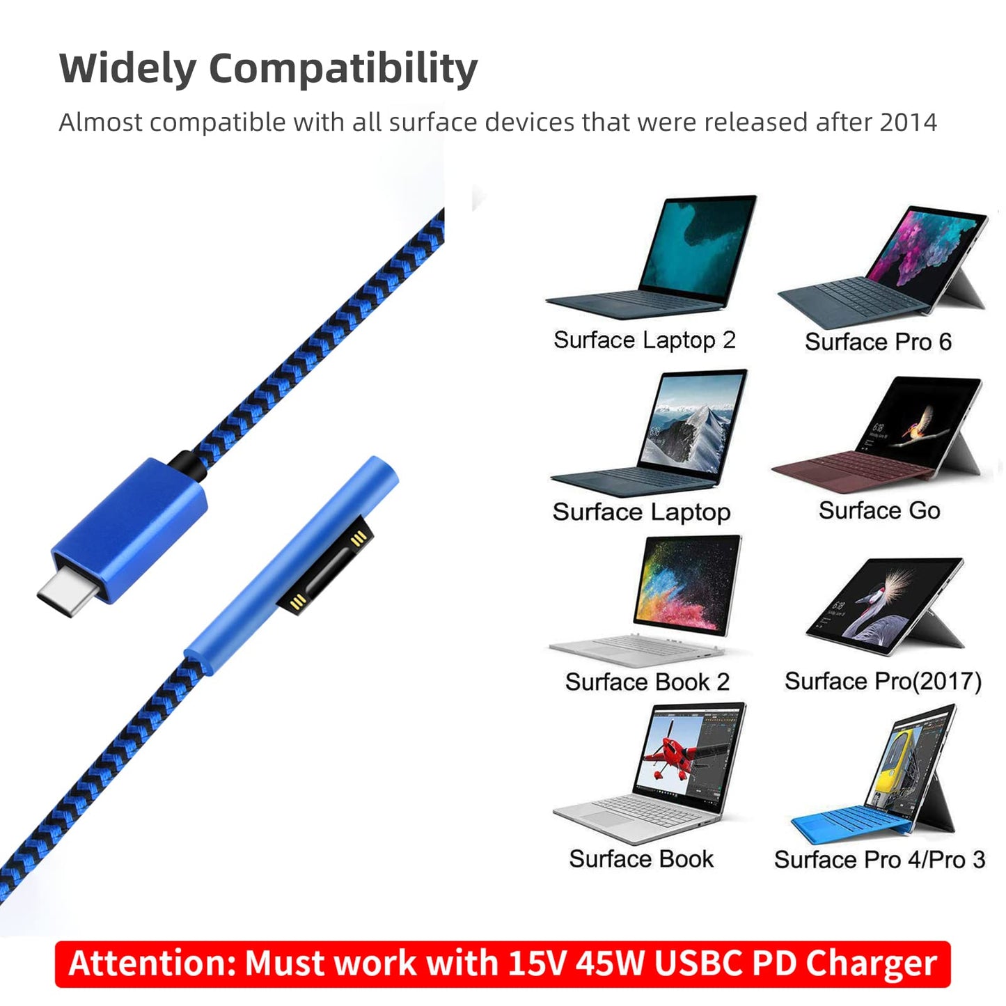 Sisyphy Nylon Braided Surface Connect to USB-C Charging Cable (6ft Blue), Requires 45W 15V/3A USB-C Charger PD Power Supply, Compatible with Microsoft