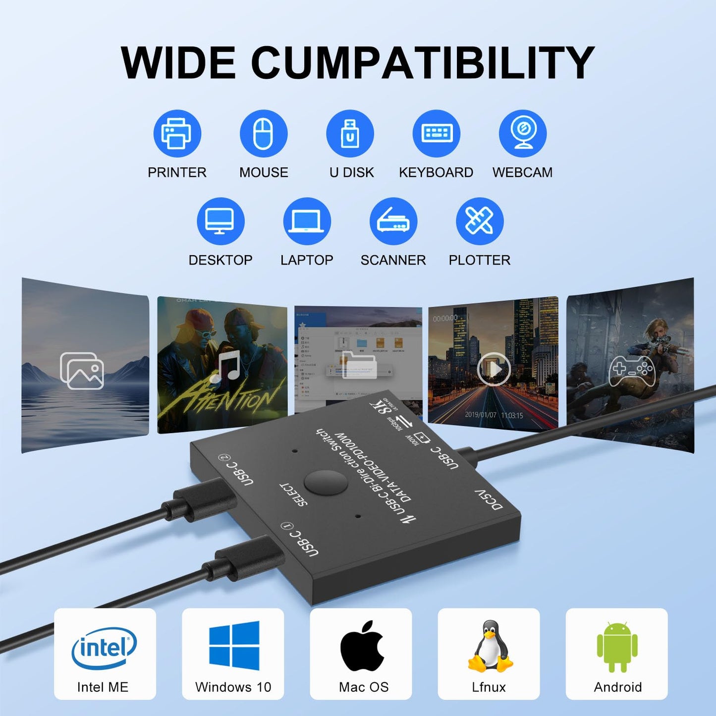 8K USB C Switch,Bi-Directional USBC Switcher 2 Computers,USB Type C KVM Switch 8K@60Hz 4K@120Hz Video/10Gbps Data Transfer/100W Charging,Compatible