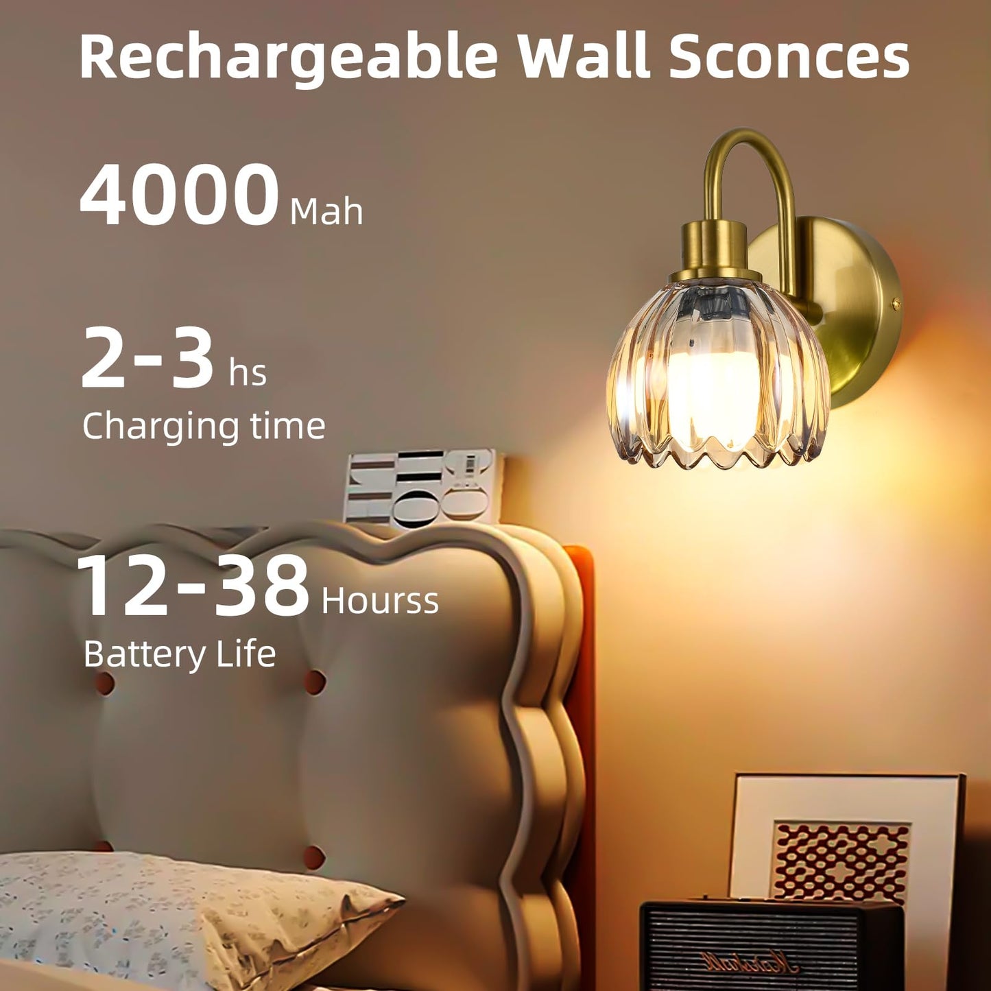 NOVCAND Brass Rechargeable Wall Sconces Set of 2, Cordless Battery Operated Wall Lights with Remote, Wireless Wall lamp for Bedroom,Living Room