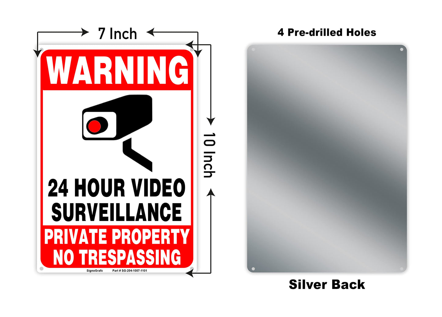 SIGNOGRAFX 24 Hours video surveillance sign, Private Property No Trespassing Signs,2-Pack, 10 x 7 Inches, Security camera for home, Business