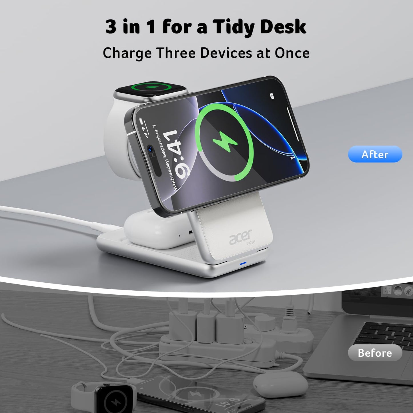 Acer 3 in 1 Charging Station for iPhone, Wireless Charger Stand,15W Fast MagSafe Charger for iPhone 17 16 15 14 13 12 Series-Apple Watch 11 10 9 8 7 6