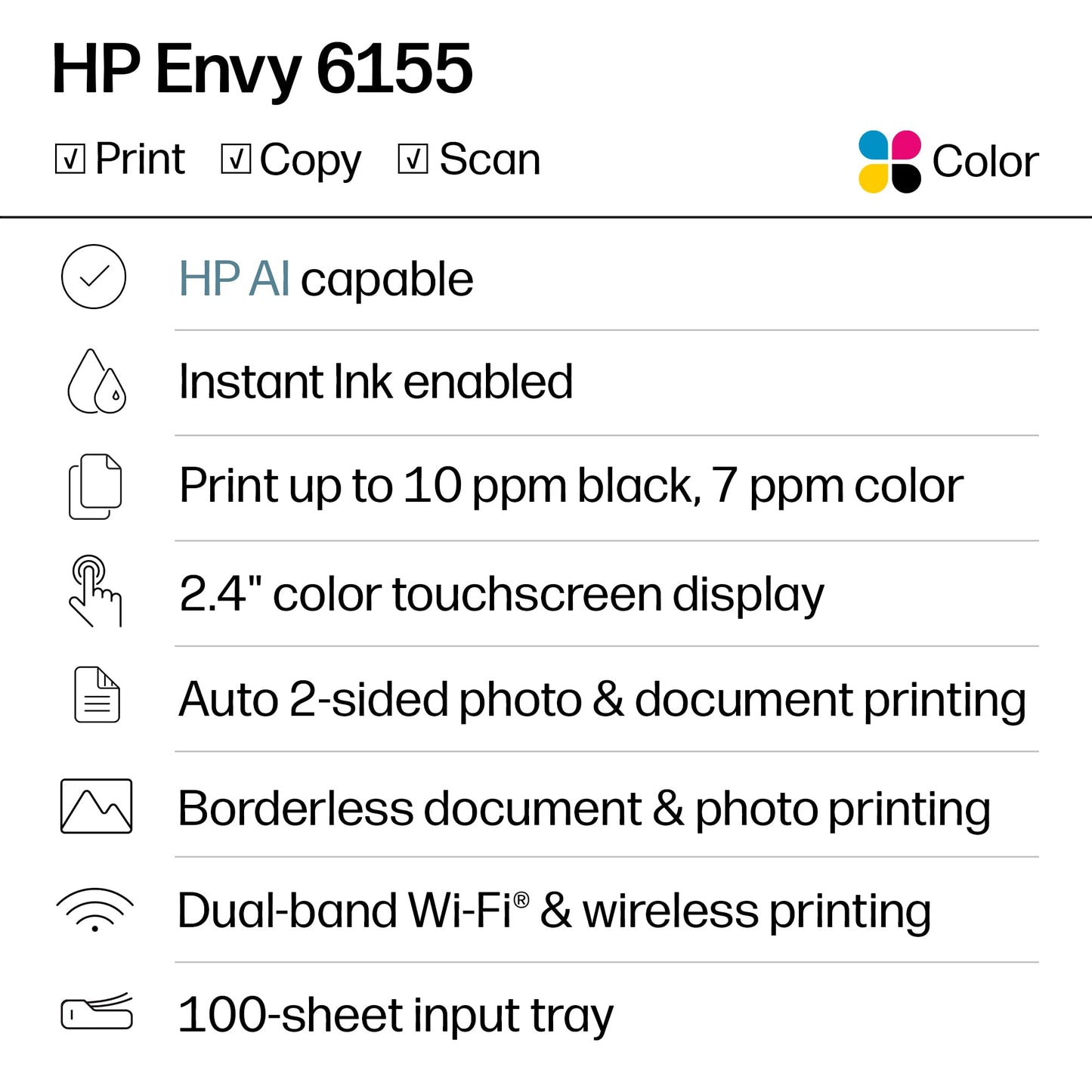 HP Envy 6155 Wireless All-in-One Color Inkjet Printer, Print, Scan, Copy, Duplex Printing Best-for-Home, 3 Month Trial of Instant Ink Included
