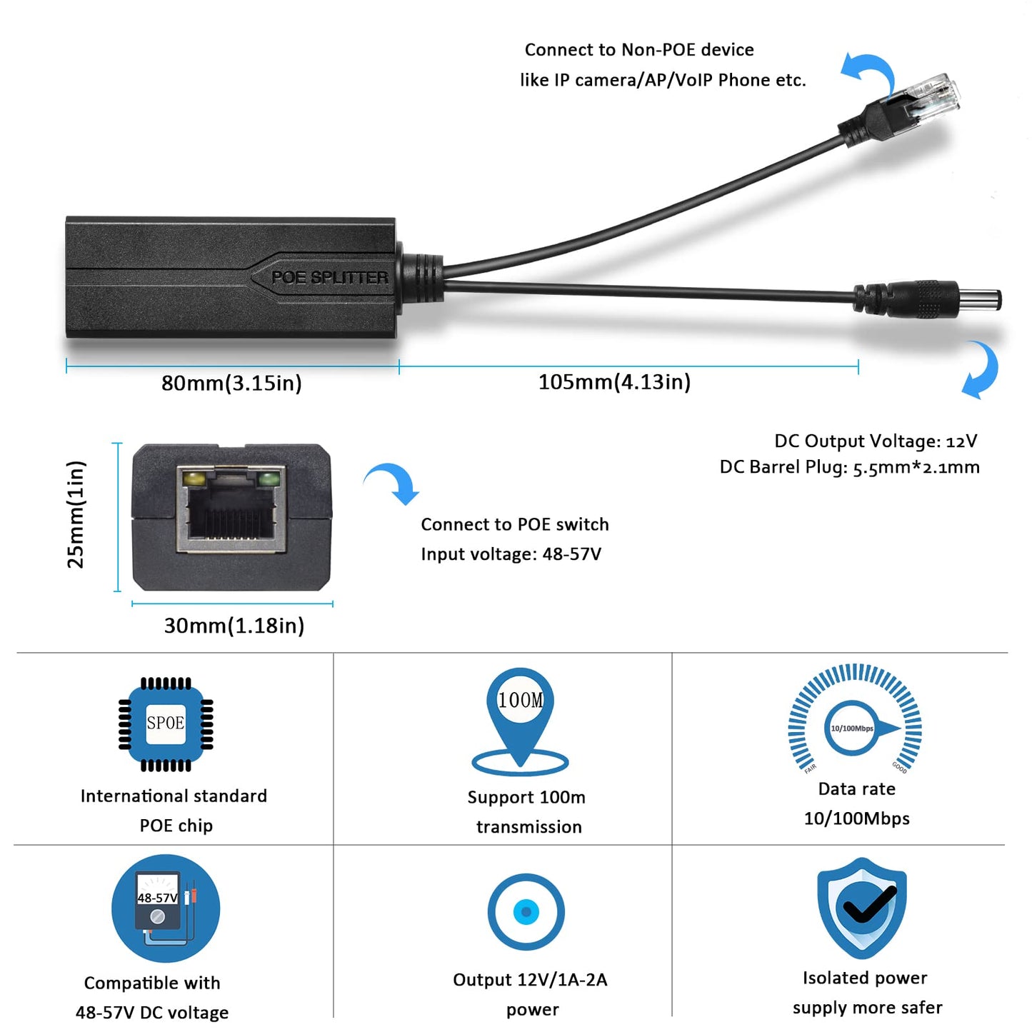 Bawofu Active PoE Power Over Ethernet Splitter Adapter 48V to 12V, 5.5x2.1mm DC, IEEE 802.3AF/at Compliant 10/100Mbps PoE Splitter with 12V Output