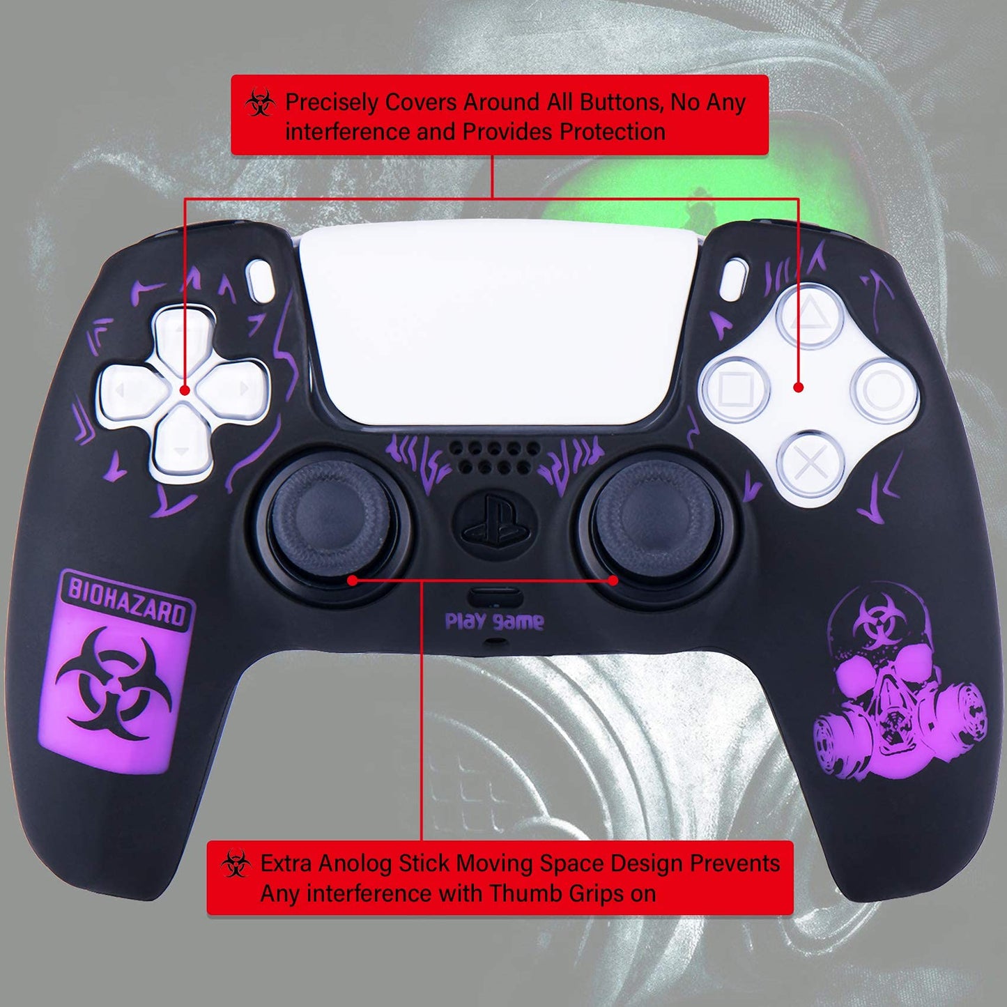 YoRHa Silicone Rubber Back Dots Carving Customizing Skin Cover for PS5 Controller x 1(BH Purple) with Pro Thumb Grips x 10