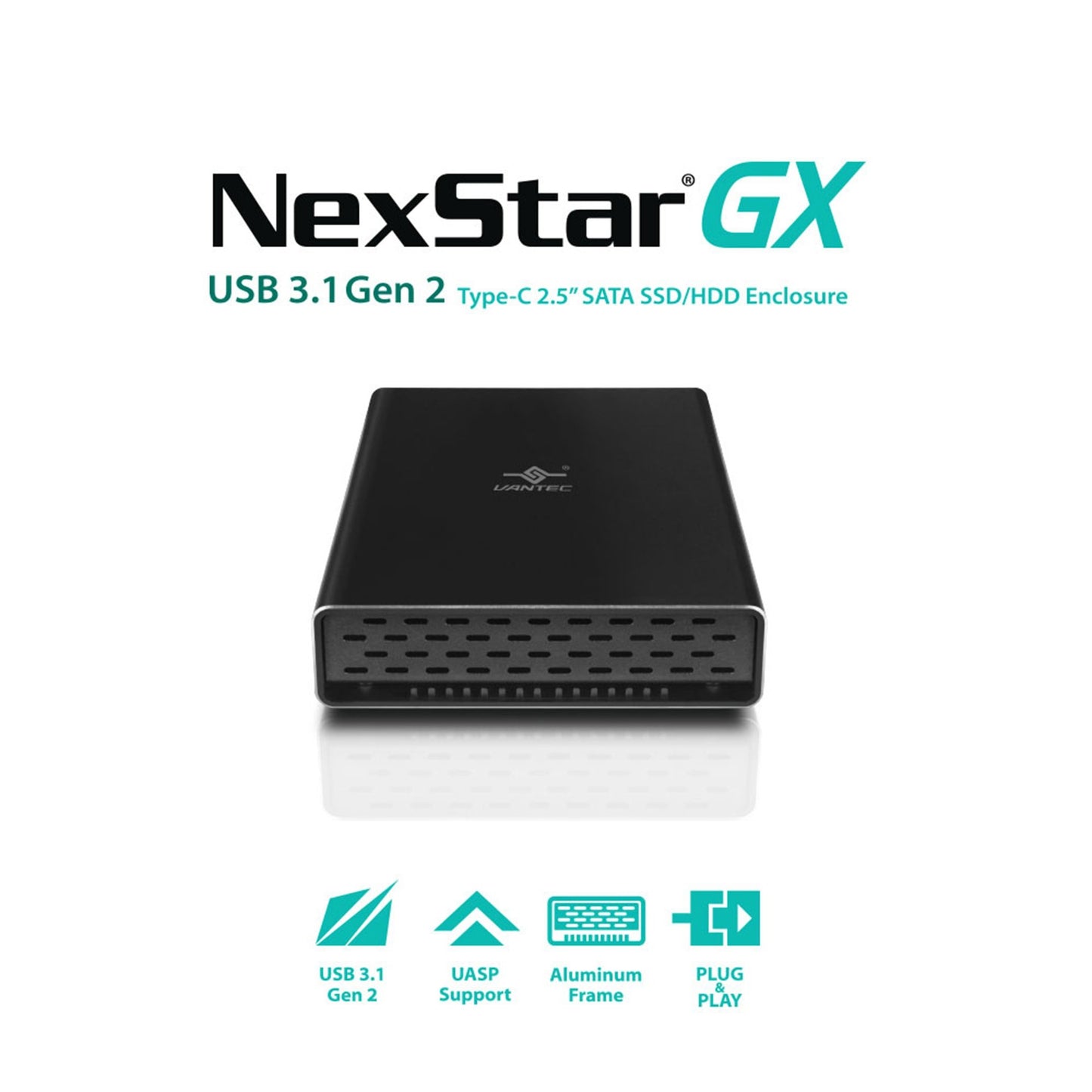 Vantec NexStar Gx USB 3.1 Gen 2 Type-C 2.5” SATA SSD/HDD Enclosure for 9.5mm & 7mm Height Drive; Comes with C to C and C to A Cable; Aluminum Casing