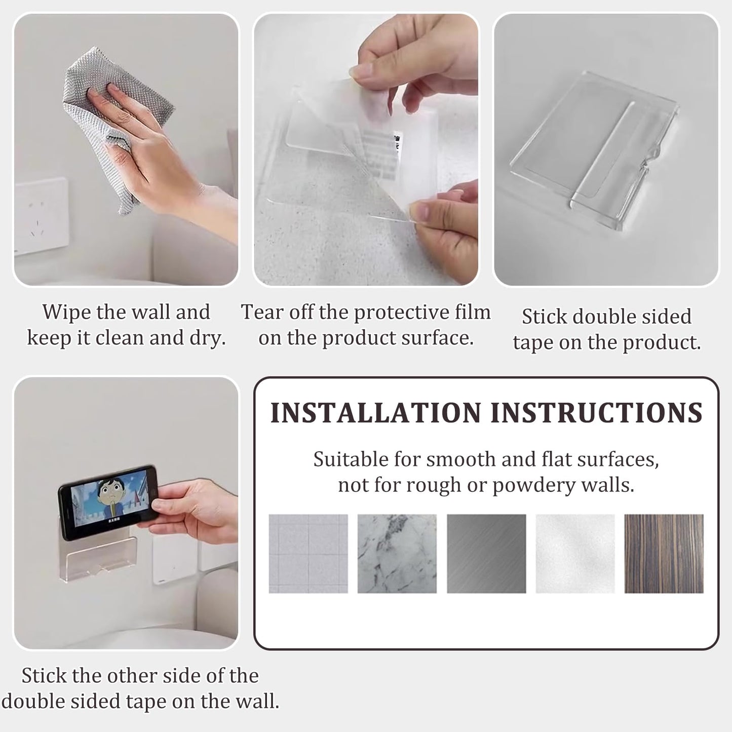 MIUPOO Clear Wall Mounted Phone Holder,Acrylic Phone Stand Self Adhesive with Charging Hole,Smartphone Cradle Bedside Organizer Remote Control Stand