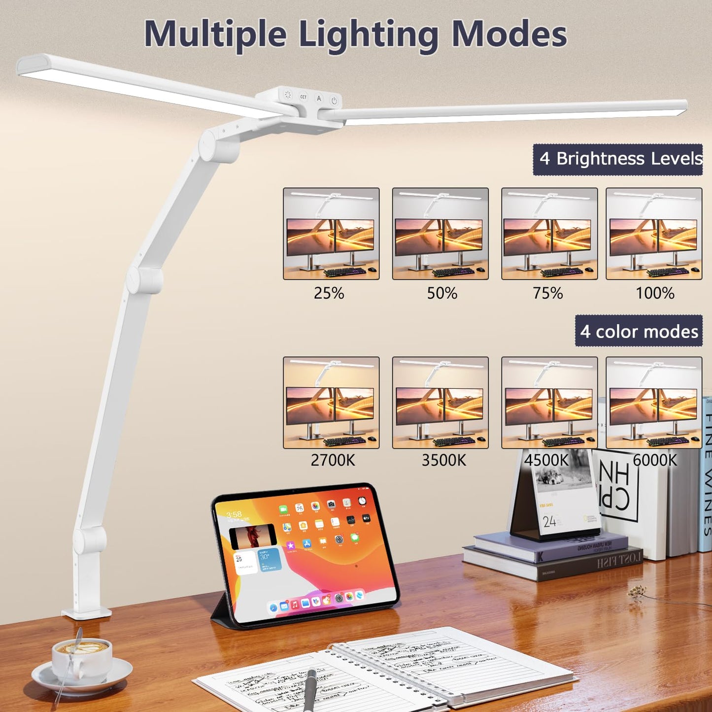 KableRika Desk Lamp,Double Head Desk Lamp with Clamp,24W Led Desk Lights for Home Office Ultra Bright Architect Table Lamp 4 Brightness 4 Color,Auto