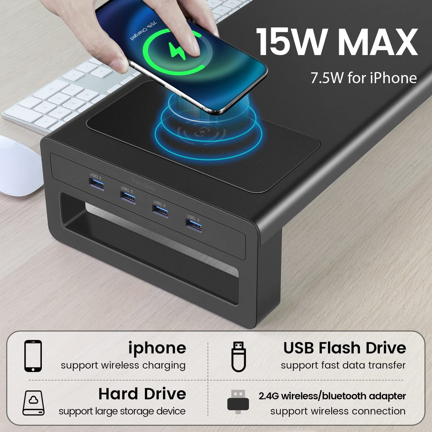 Vaydeer Wireless Charging and USB 3.0 Monitor Stand, Monitor Riser for Desk with Storage, Single Shelf Holder Raiser Organizer for Computer iMac