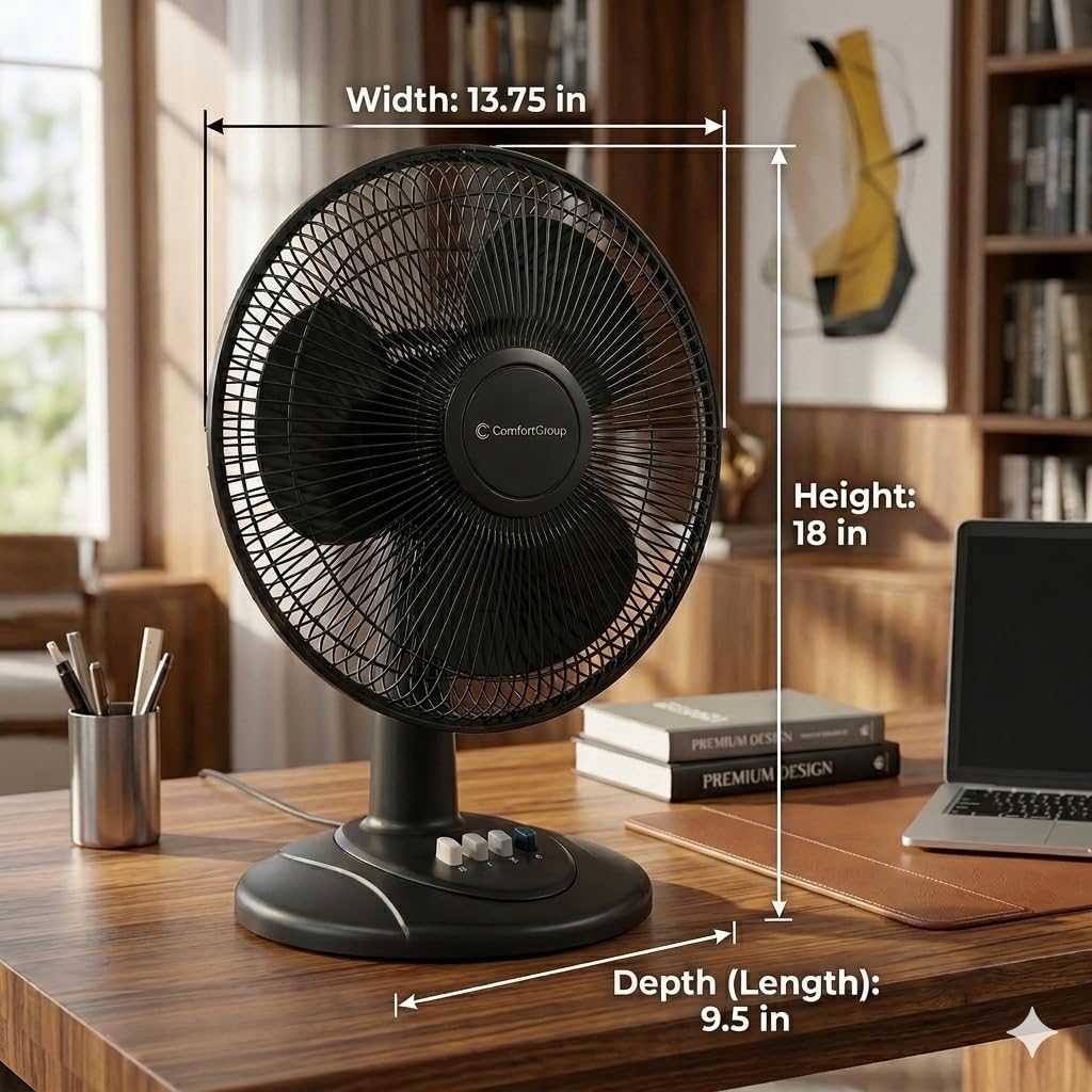 Comfort Zone Oscillating Table Fan with Adjustable Tilt, Convenient Push Button Controls, Quiet, 12 inch, 3 Speed, Desk Fan, Airflow 7.25 ft/sec