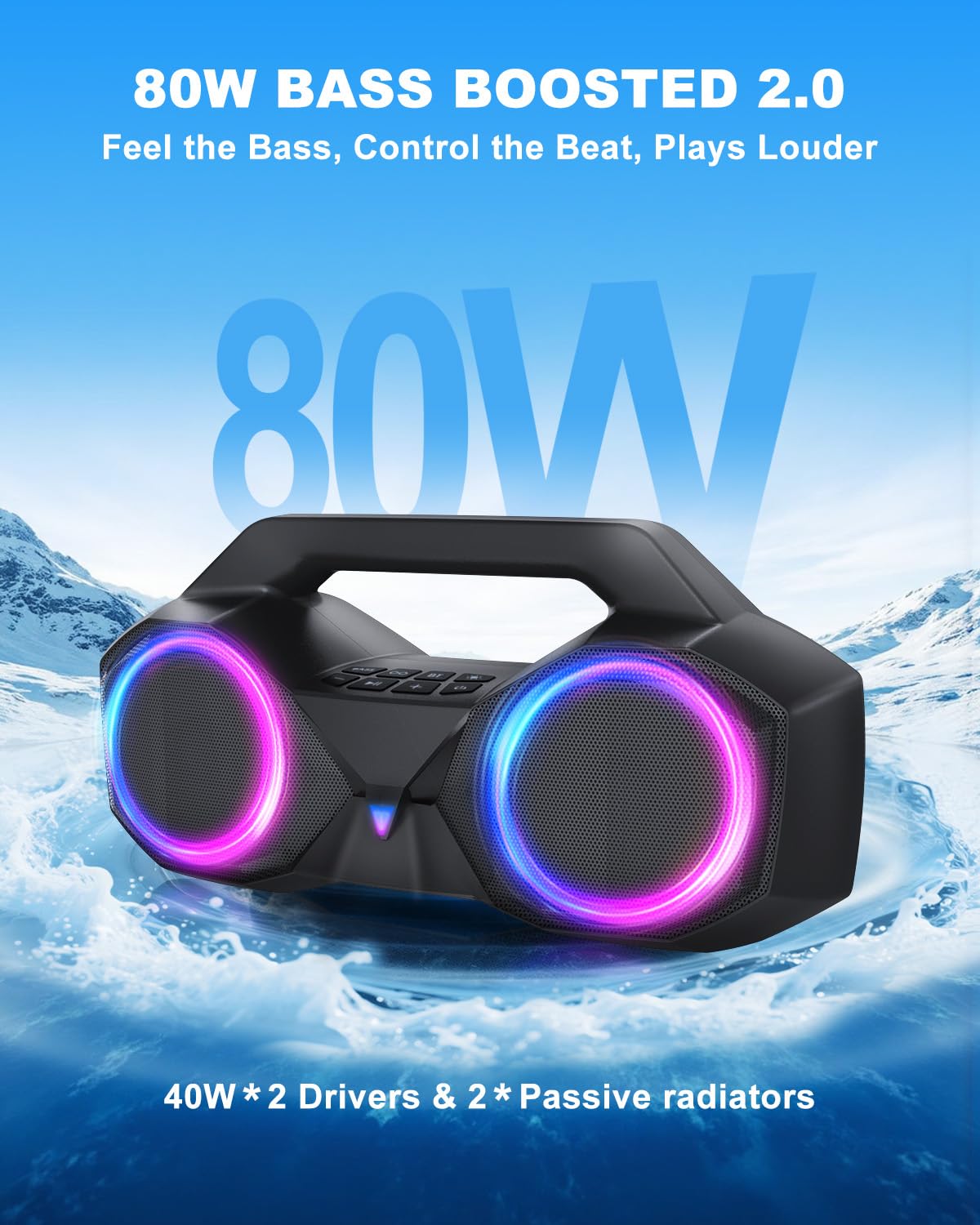 Bluetooth Speaker 80W(Peak)Loud with Bass, 20H Playtime, IPX7 Waterproof, RGB Lights, TWS, Large Portable Wireless Speakers for Outdoor, Home, Party