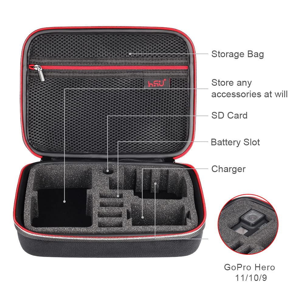 HSU Middle Protective Carrying Case for GoPro Hero 13, 12, 11, 10, 9, 8, 7, 6, 5, 4 Black and Accessories, Compact and Safe Action Camera Travel