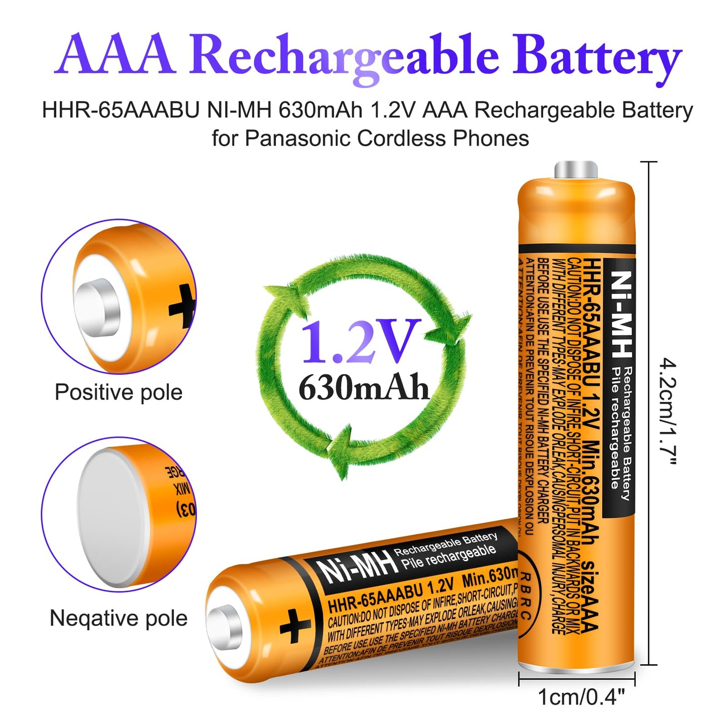 EOCIK HHR-65AAABU NI-MH AAA Rechargeable Battery for Panasonic 1.2V 630mAh AAA Batteries for Cordless Phones (630-4pcs)