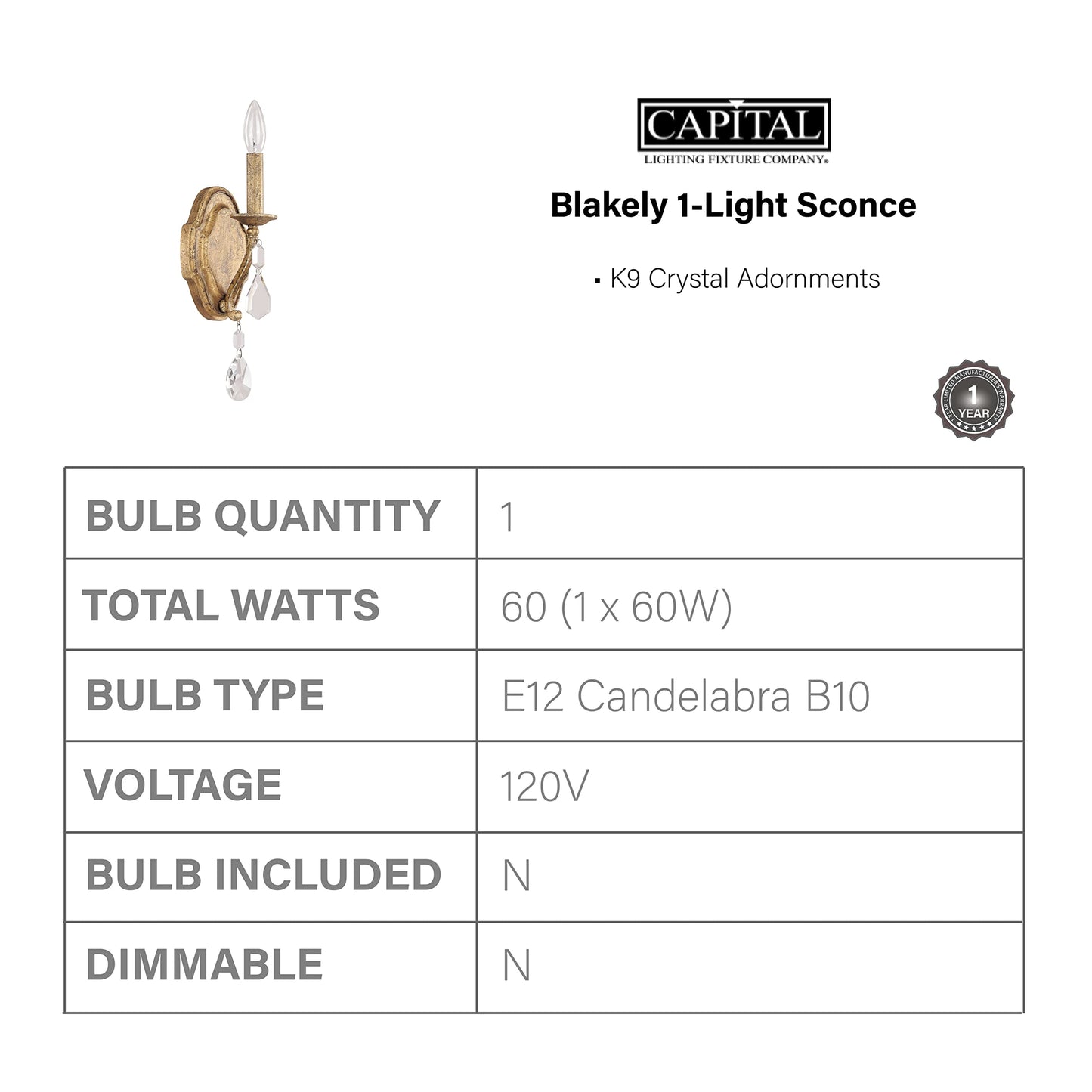 Capital Lighting 1616AG-CR Blakely K9 Crystal Wall Sconce, 1-Light 60 Watt, 13" H x 5" W, Antique Gold