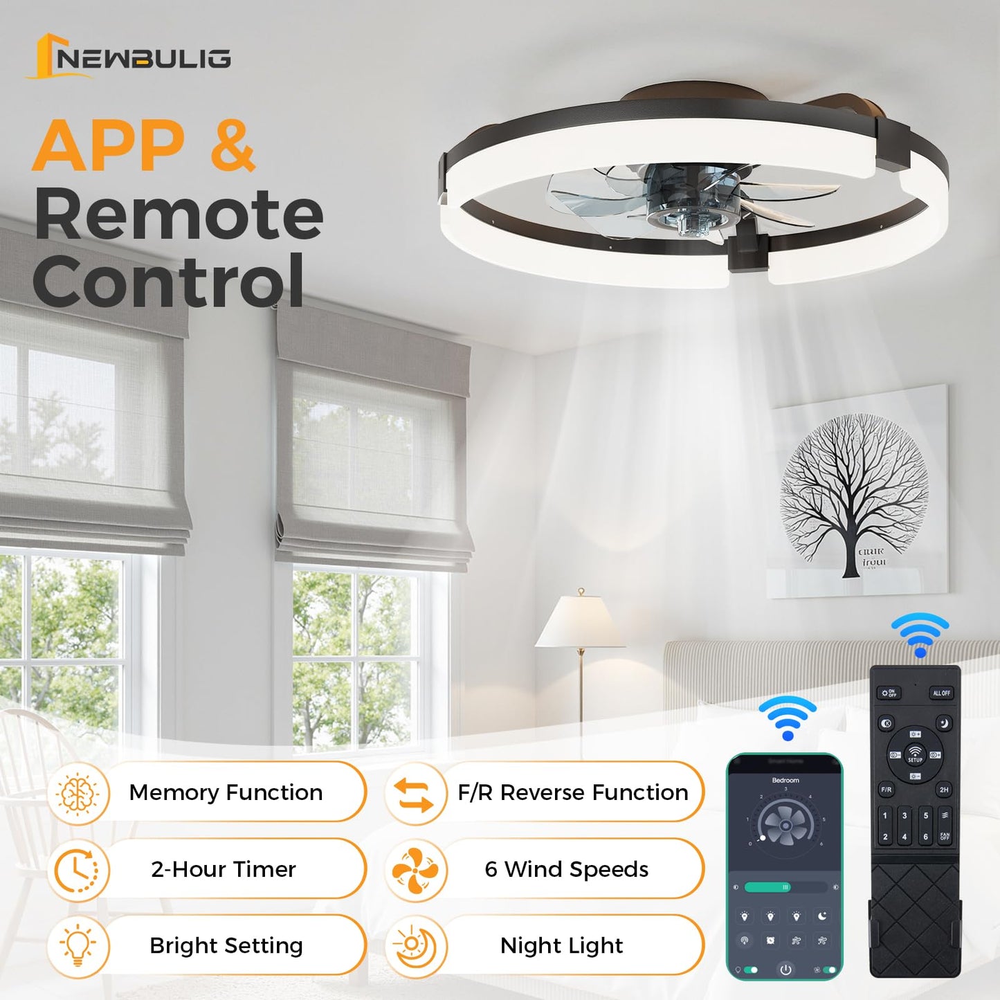 NEWBULIG Ceiling Fans with Lights and Remote & App Control, 19.7 Inch Ceiling Fan, 3000K-6500K Dimmable LED Low Profile Fandelier with 6 Wind Speeds