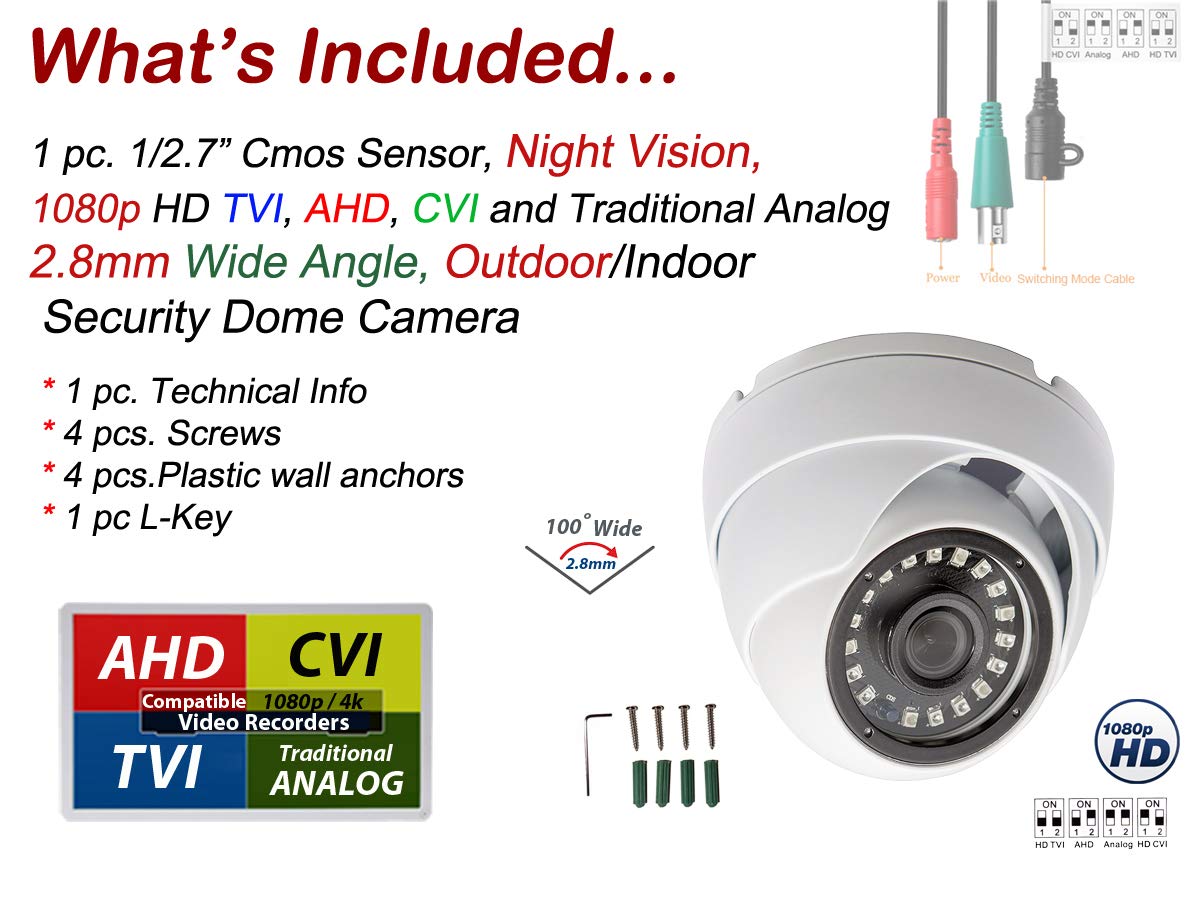 Evertech High Definition 1080p CCTV Security Dome Camera Outdoor/Indoor Weatherproof 2.8mm Wide Angle TVI/AHD/CVI/Analog (960H/CVBS)