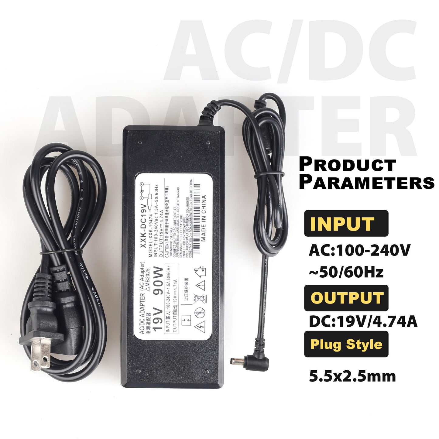 19V Power Supply 100V~240V AC Input and 5.5mmx 2.5mm Plug for Audio Amplifiers