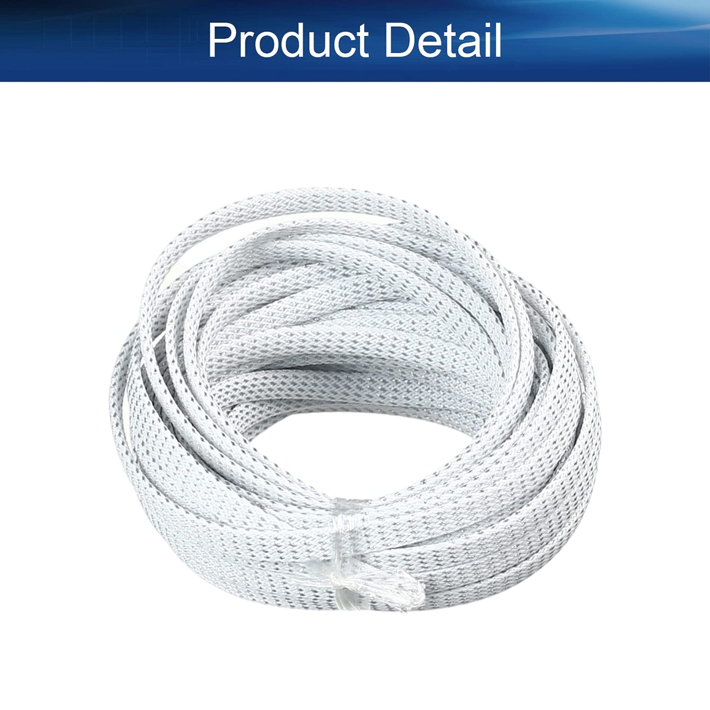 Bettomshin 1Pc 32.8Ft(10m) Cable Management Sleeve, 5/16"(8mm) Width PET Silver & White Cord Protector, Wire Loom Tube Insulated Split Sleeving