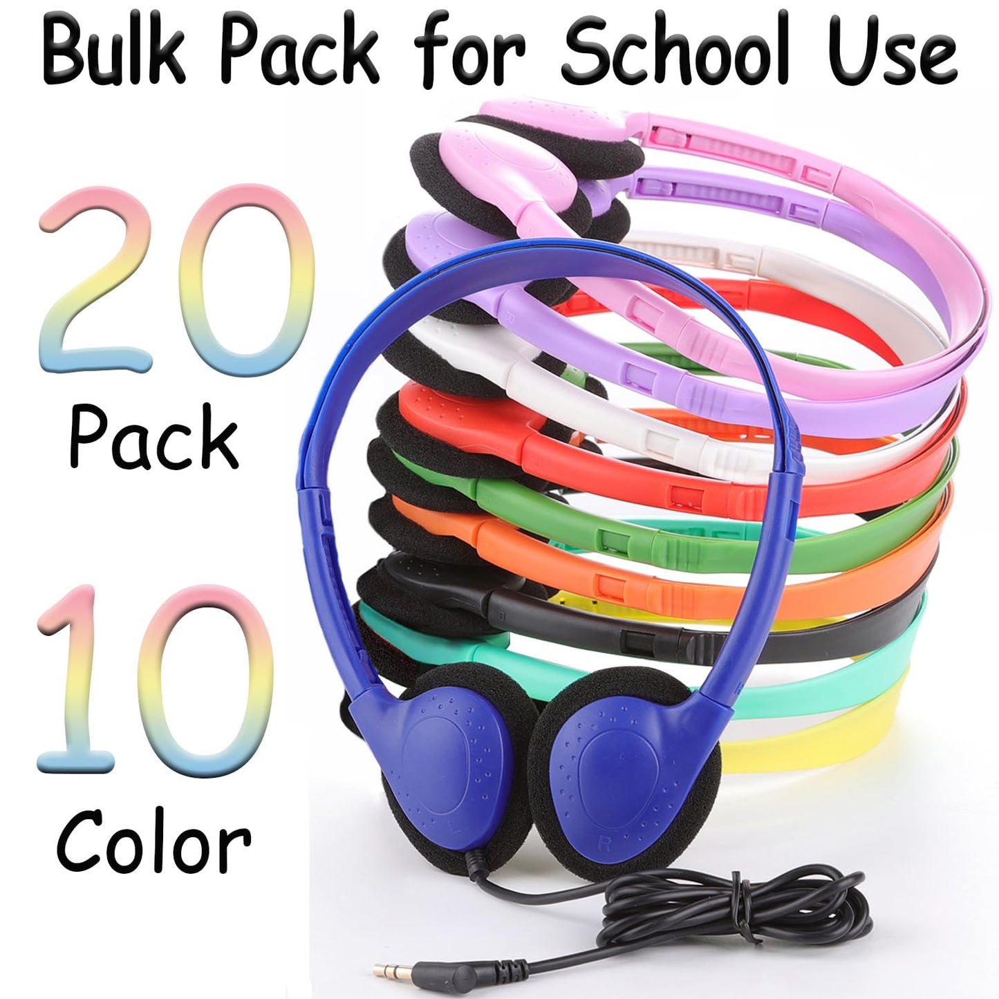 Ladont 20 Pack Bulk Classroom Headphones for Students Kids School, Wholesale Headphones Class Set with 3.5mm Jack for Chromebook Laptop PC Computer(10