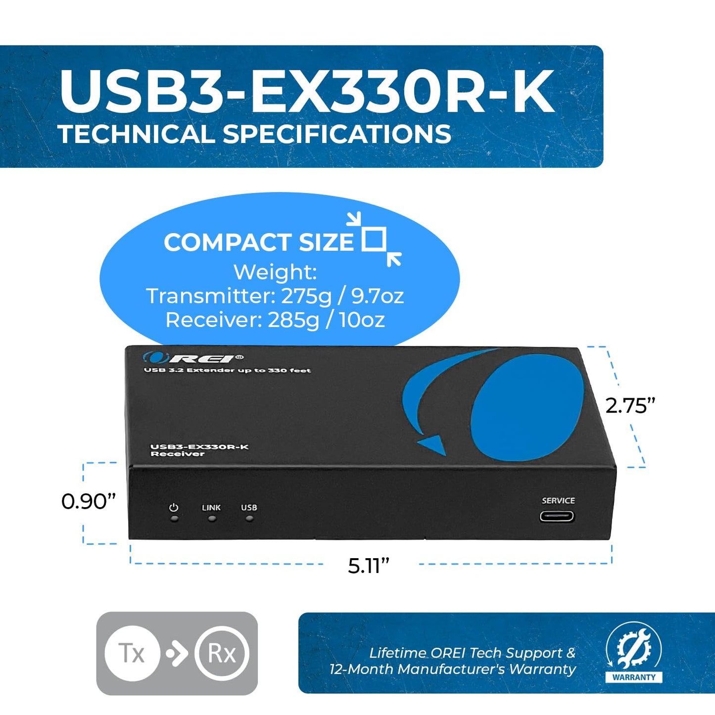 OREI USB 3.2 Over Ethernet HDbaseT Cat6 Extender LAN Upto 330 Feet - Extends 4 Ports USB-A Signal Over LAN Ethernet - Power Over Cable for Long