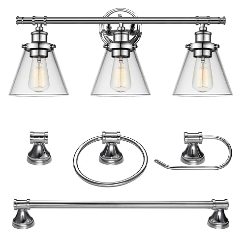 Globe Electric 51234 5-Piece All-in-One Bathroom Set, Chrome, 23" 3-Light Vanity Wall Light with Clear Glass Shades, Towel Bar and Ring, Robe Hook