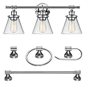 Globe Electric 51234 5-Piece All-in-One Bathroom Set, Chrome, 23" 3-Light Vanity Wall Light with Clear Glass Shades, Towel Bar and Ring, Robe Hook