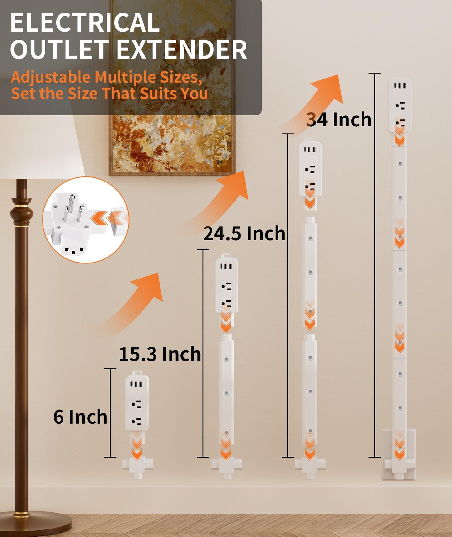 2 Pack Electrical Outlet Extender Stick Features 2 USB-A, USB-C and 2 AC Outlets, Extendable to 6", 15.3", 24.5", 34", for Hard to Reach Spaces Use