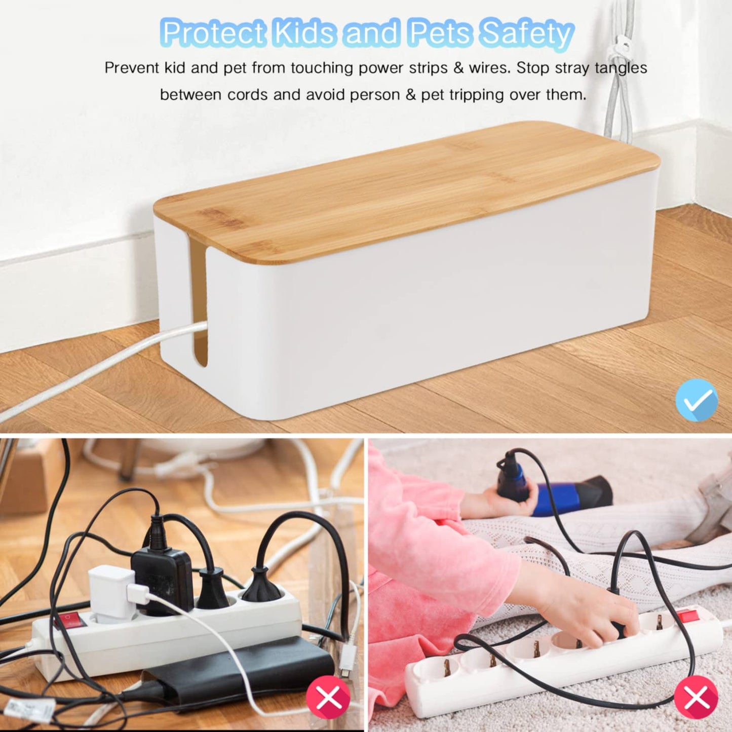 Cable Management Box Organizer, Set of 2 Bamboo Lid Large Storage Wire Holder to Conceal Hide Surge Protector, Power Strips Cord on Desk Floor, with 5