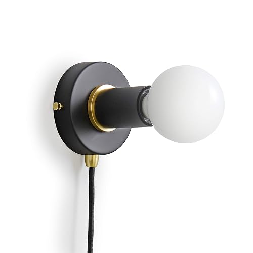 BRIGHTTIA Matte Black Plug-in Simple Ring Wall Sconce Light - Brushed Brass Color Accents - Modern Minimalist Lighting - Mid Century Industrial
