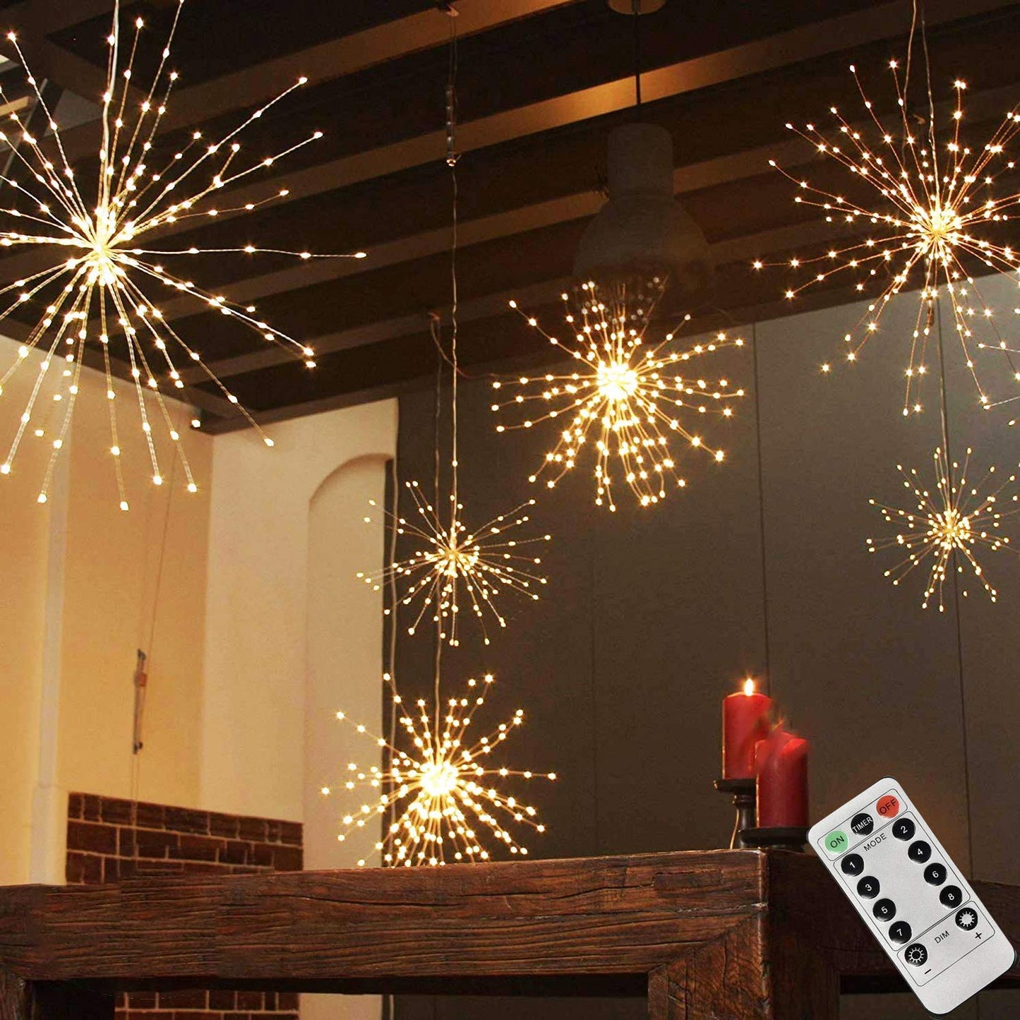 PXBNIUYA 200LED Hanging Sphere Lights, Battery Operated Starburst Lights, 8 Modes Dimmable Remote Control, Waterproof Copper Wire Fairy Light